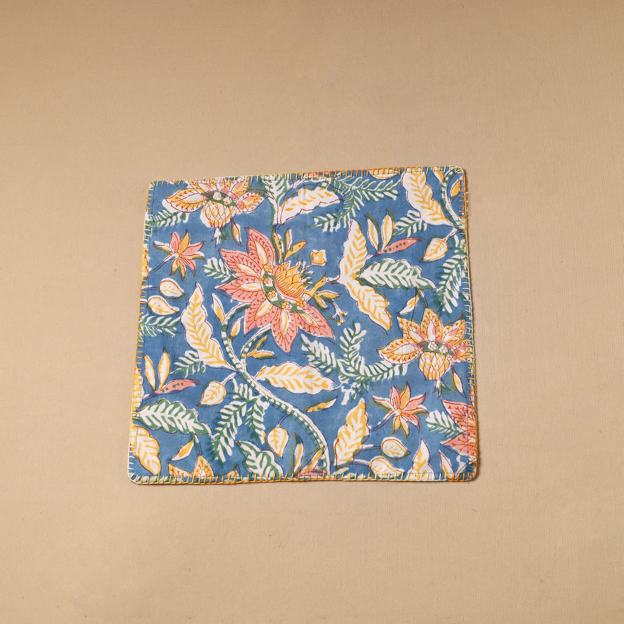 NOORI BAZAR Blue - Floral Block Print Cotton Hand Embroidery Table Napkin 01 - view 2