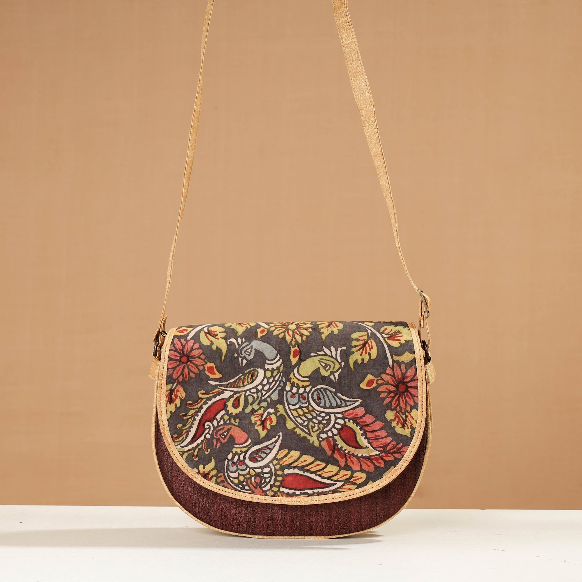 DWARAKA PLUS Brown - Handpainted Kalamkari Natural Dyed Ghicha Silk Sling Bag