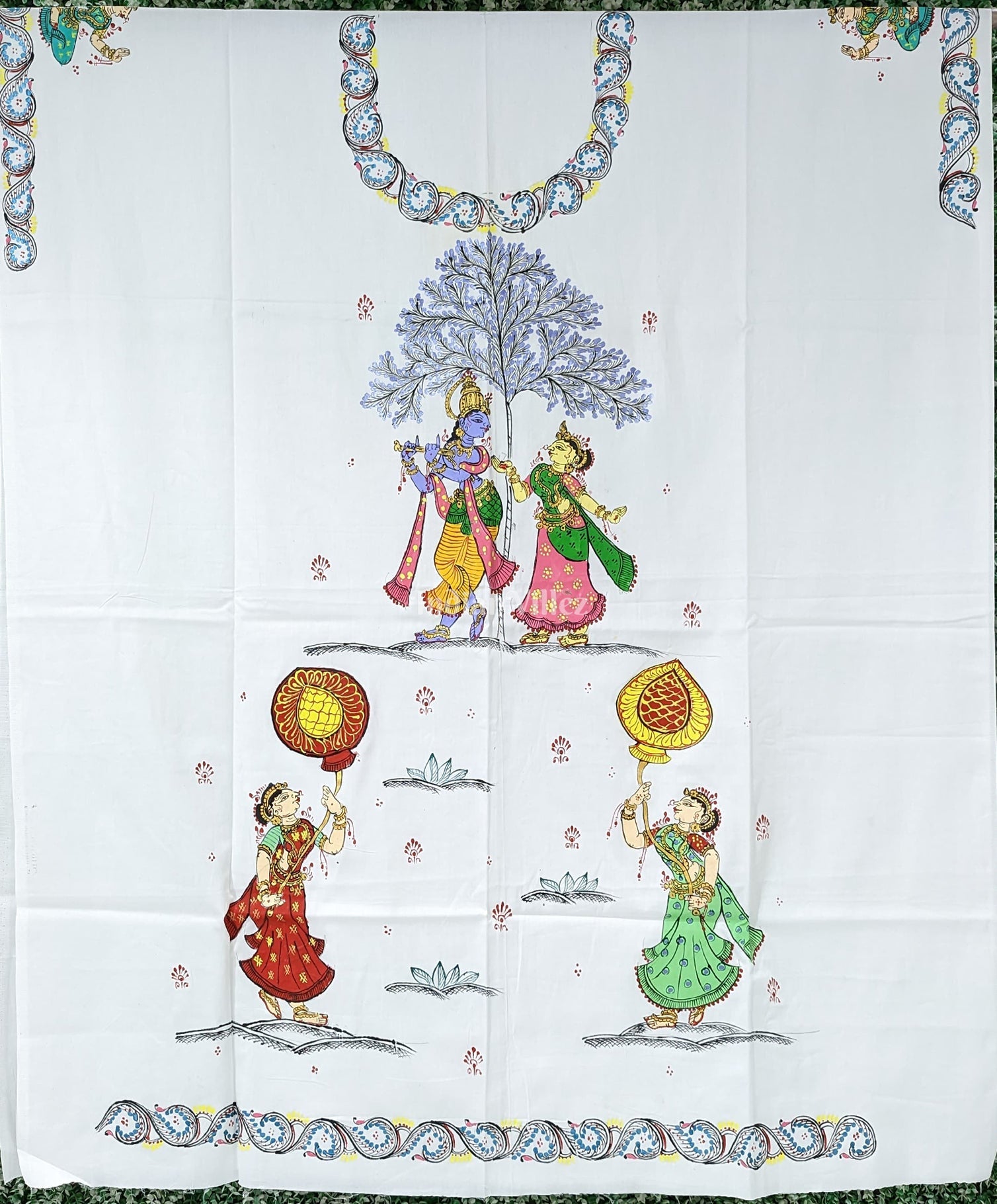 IndianVillèz White Radha Krisha Pattachitra Kurti Cotton Dress Material (Pre Order)
