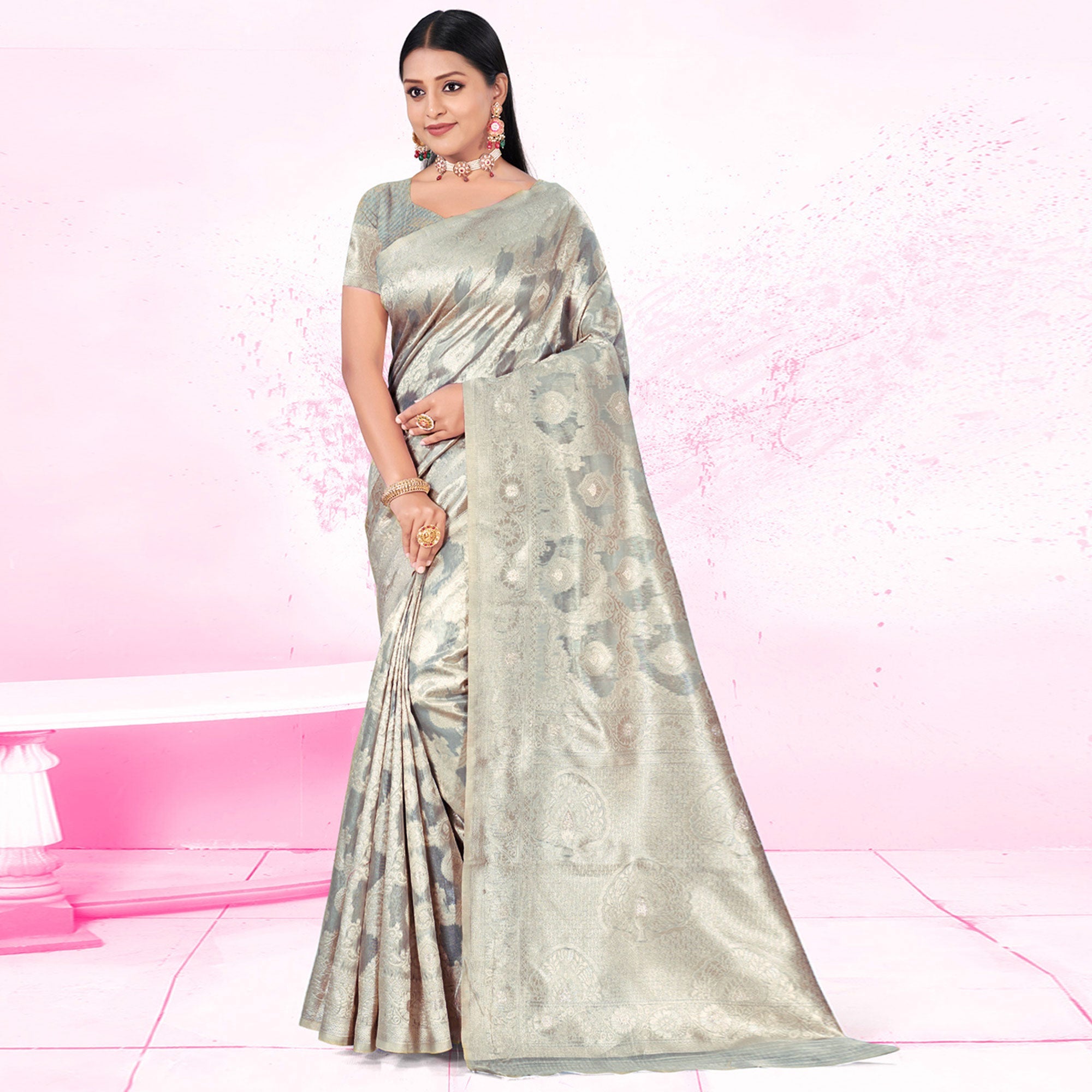 Peachmode Grey Woven Cotton Blend Saree – Women's - view 2