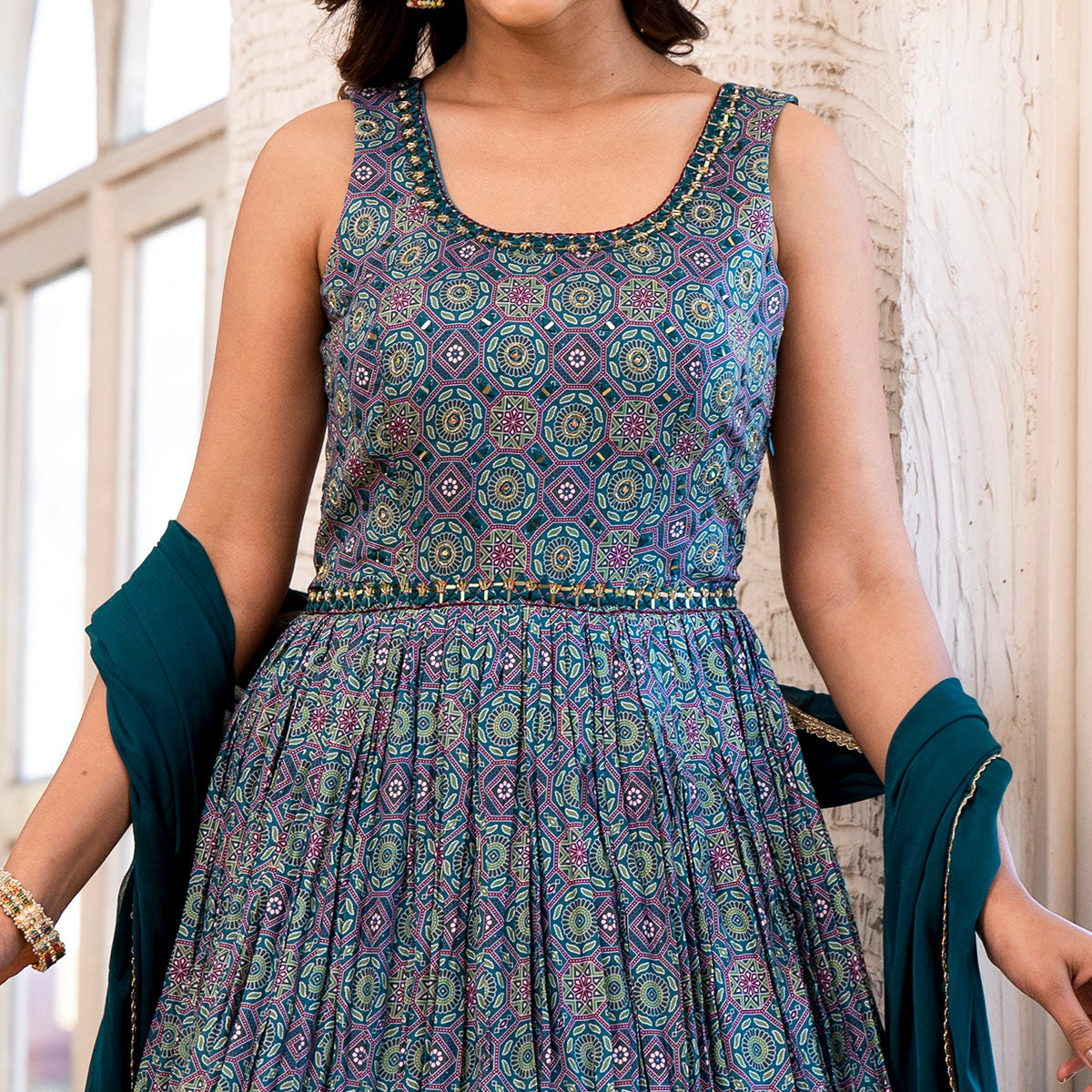Peachmode Seller Morpich Blue Printed Dola Silk Anarkali Style Gown With Mirror Work - view 3