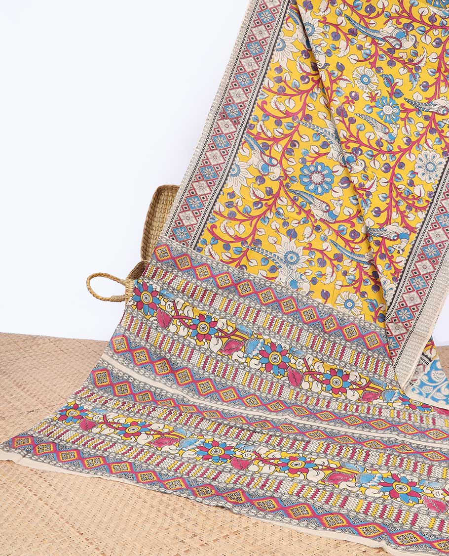Pothys Yellow floral & bird machine-print kalamkari cotton saree, contrast diamond border & kaleidoscopic floral printed pallu