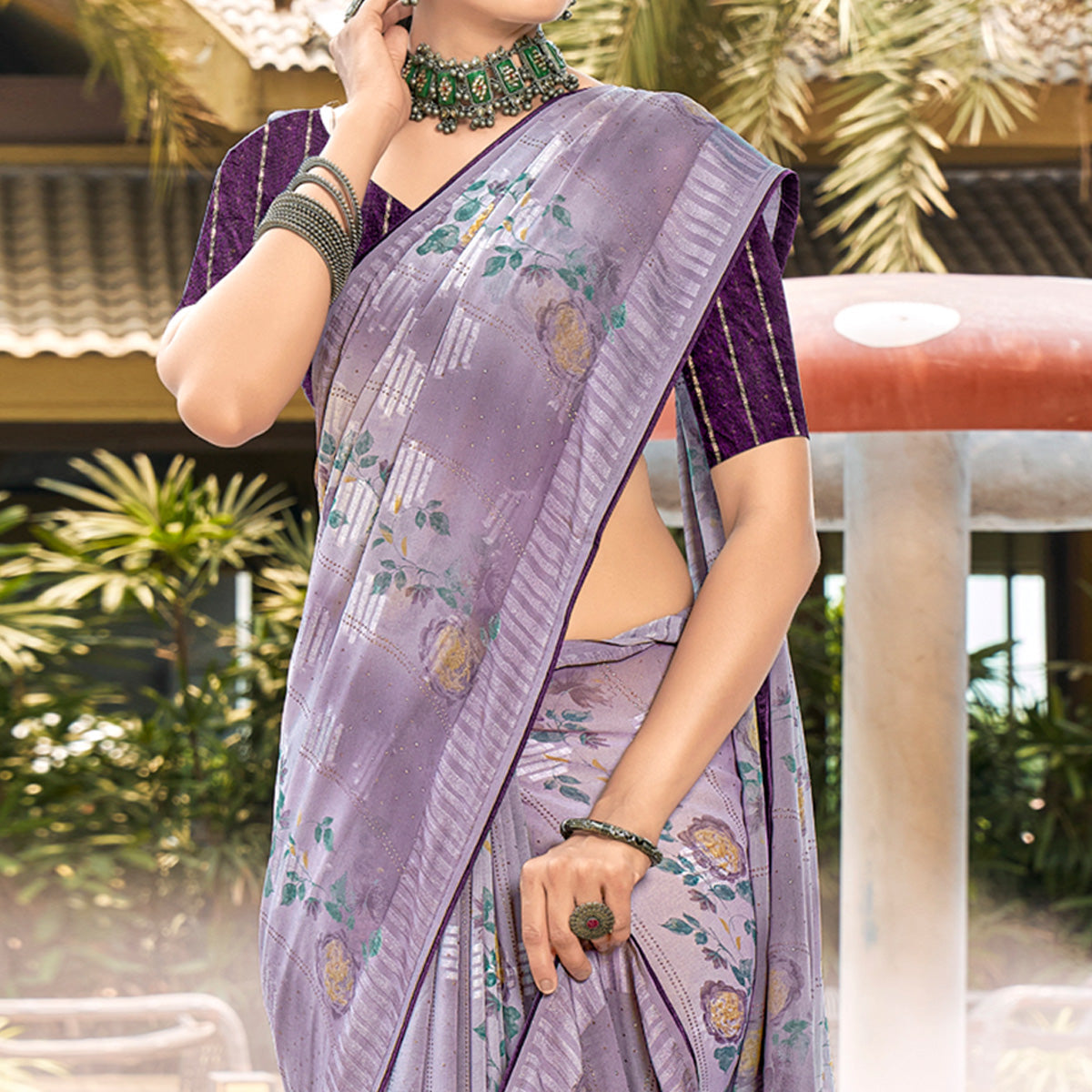 Peachmode Dusty Violet Printed Georgette Saree With Swarovski Work - view 2