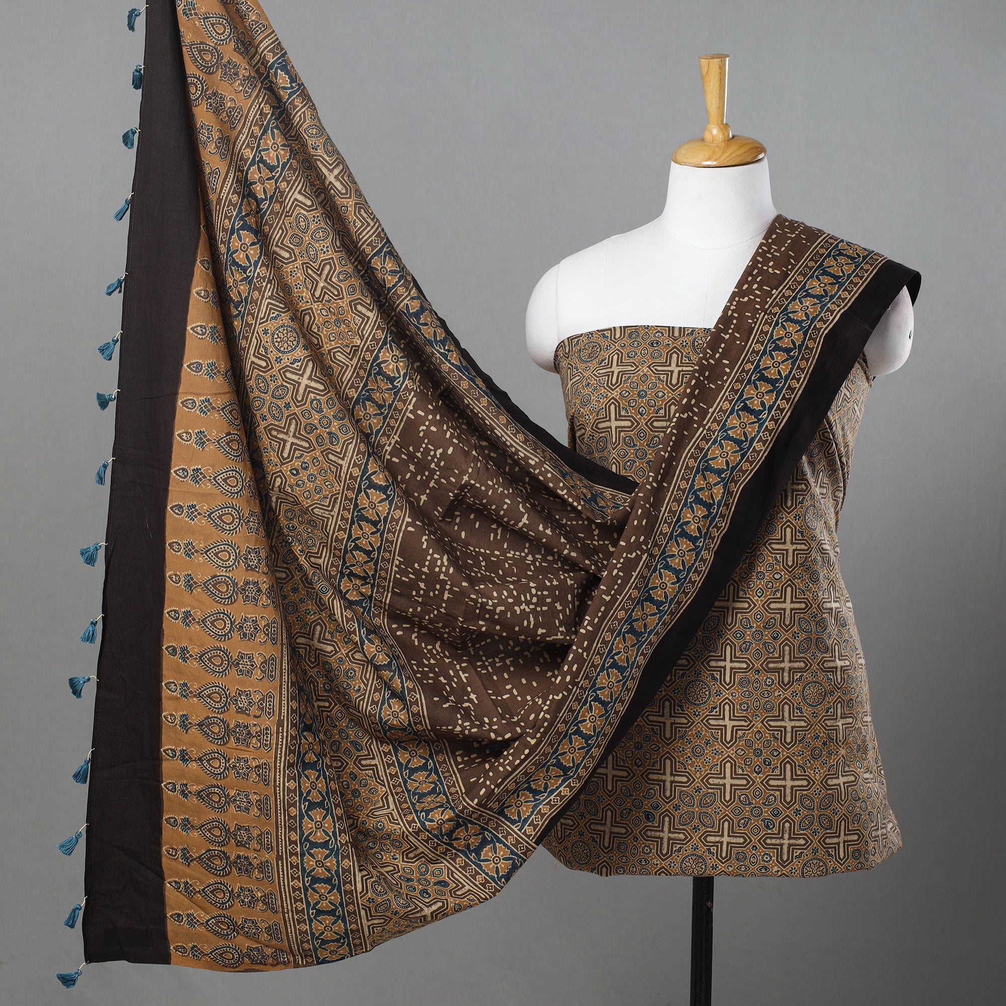 AJRAKH BY SUFIYAN ISMAIL KHATRI Brown - Hand Block Print Cotton 3pc Ajrakh Dress Material 01
