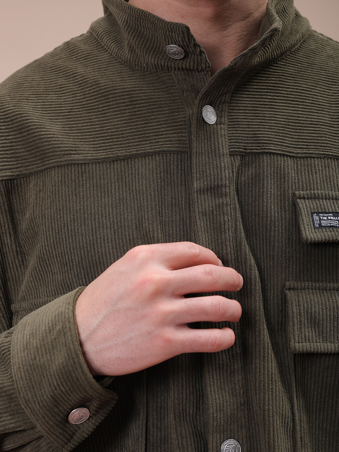 The Indian Garage Co Men's Olive Relaxed Fit Knitted Corduroy Utility Jacket - view 6