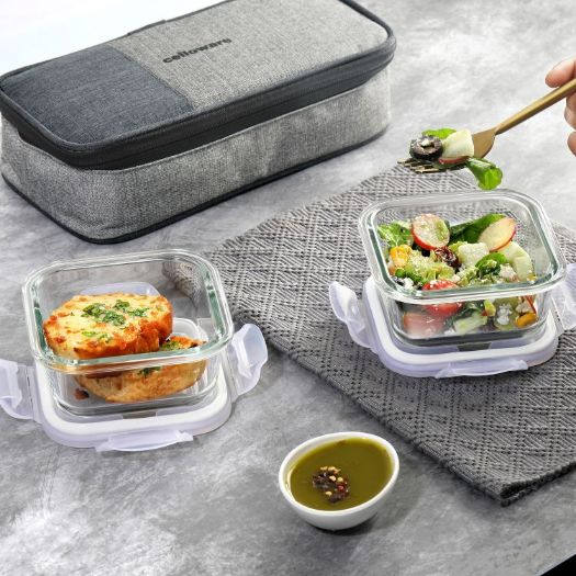 Cello Delighta Borosilicate Glass Lunch Box with Jacket, Square
