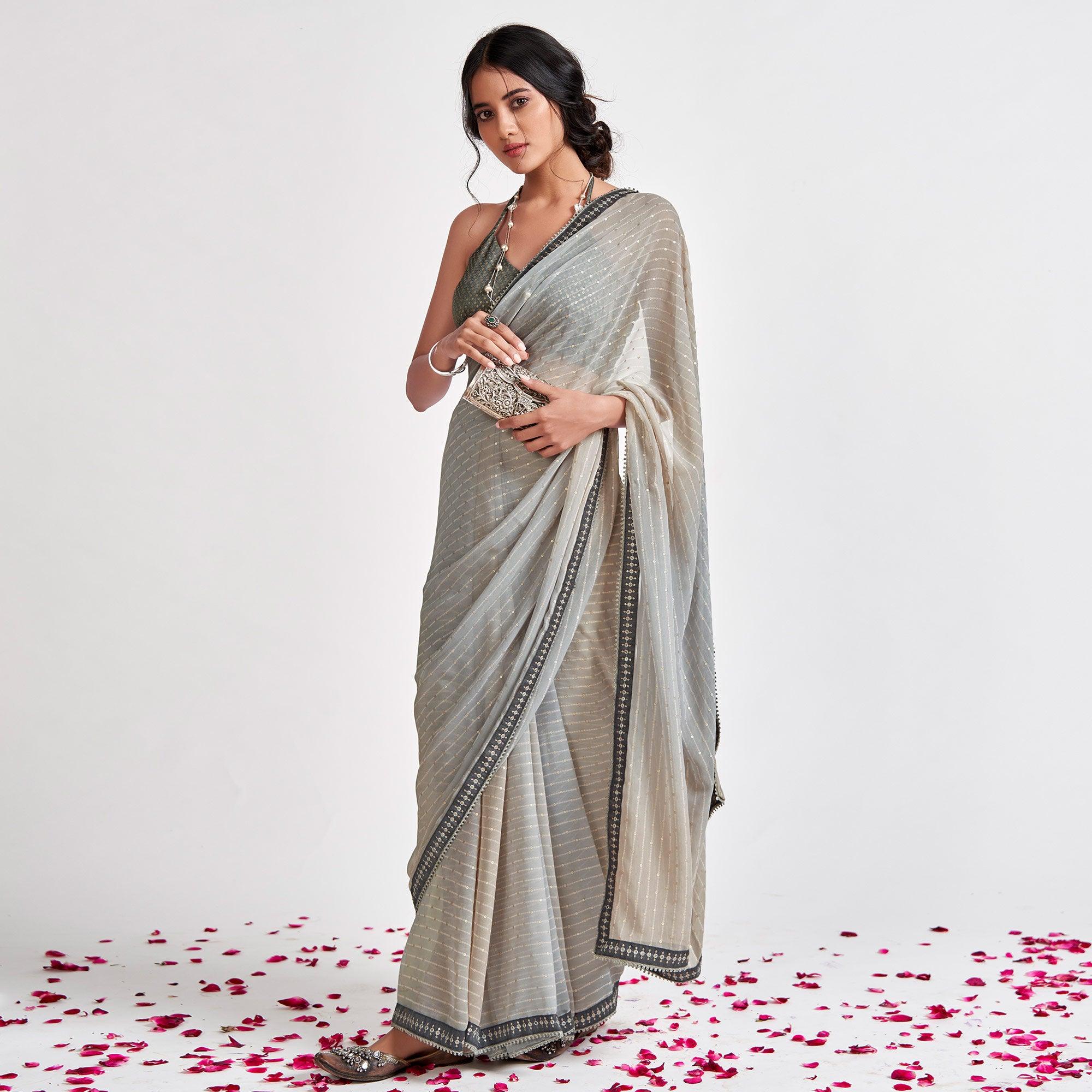 Peachmode Grey Partywear Sequins Foil Printed Georgette Saree