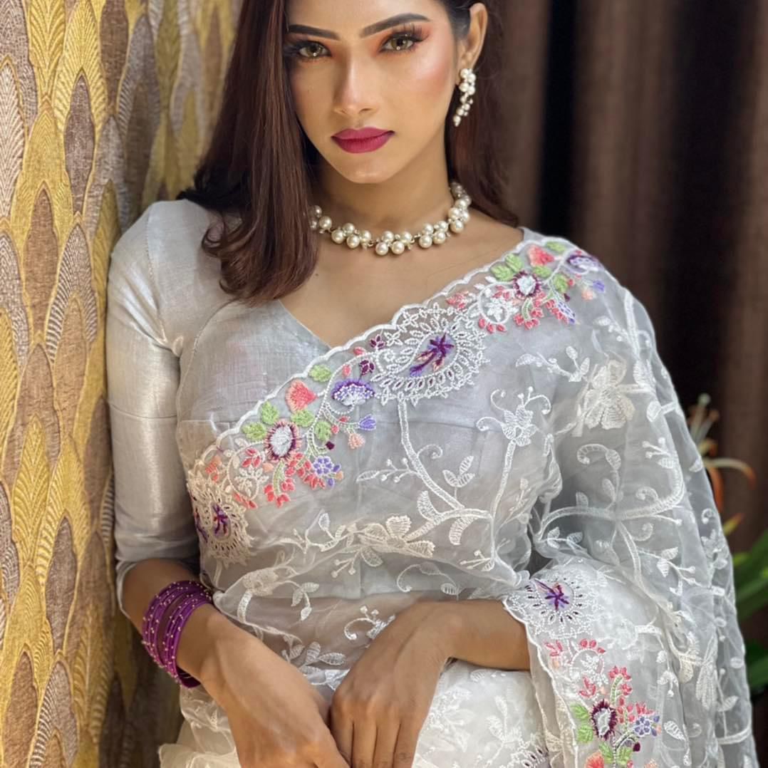 ClothsVilla White Organza Saree with Vibrant 6-Color Thread Embroidery – Paired with Elegant White Silk Blouse - view 3