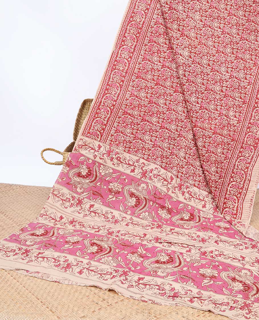 Pothys Red intricately machine-printed kalamkari cotton saree, self-border & contrast pallu of floral print