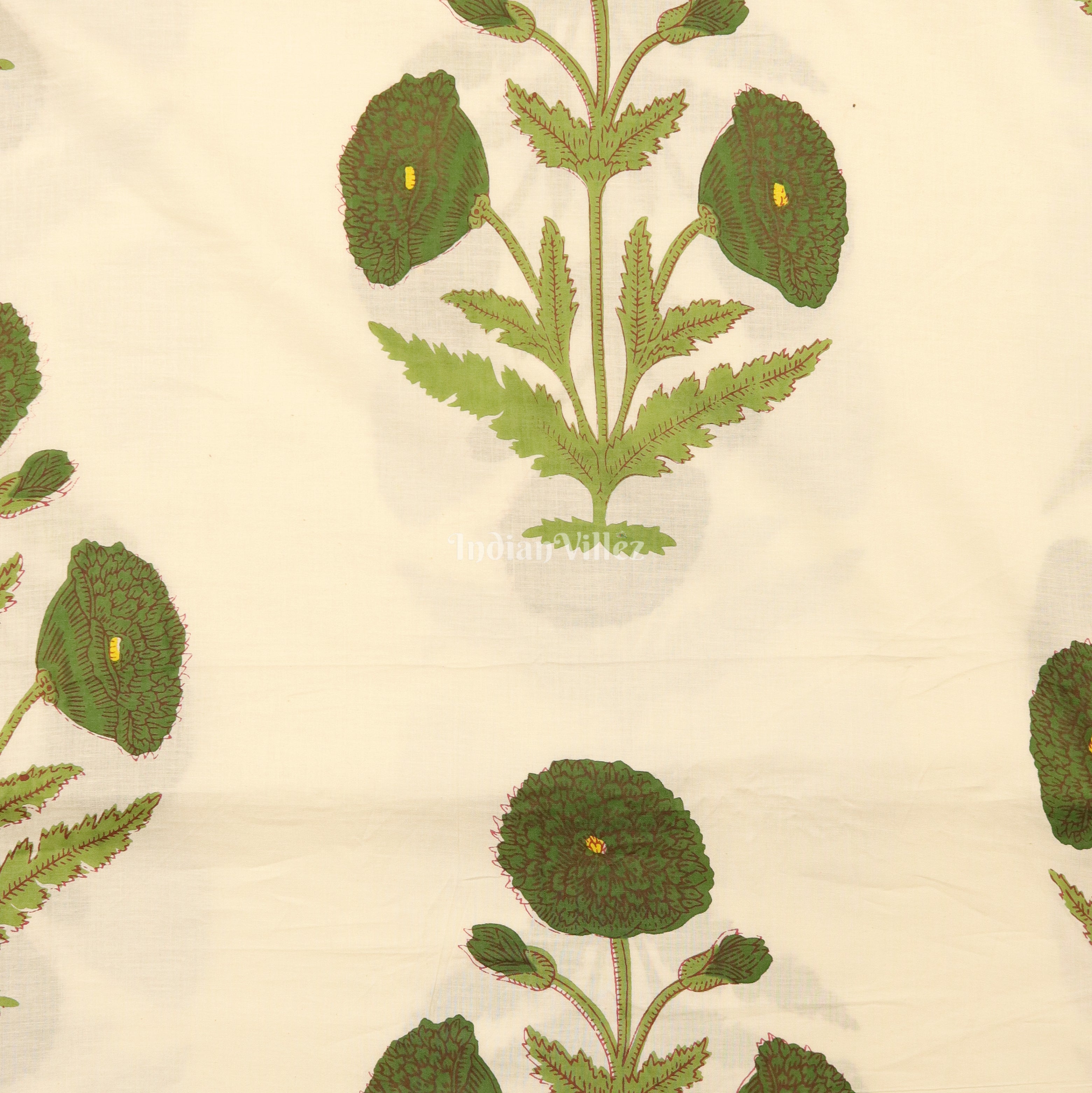 IndianVillèz White Green Flower Motif Hand Block Printed Cotton Fabric - view 2