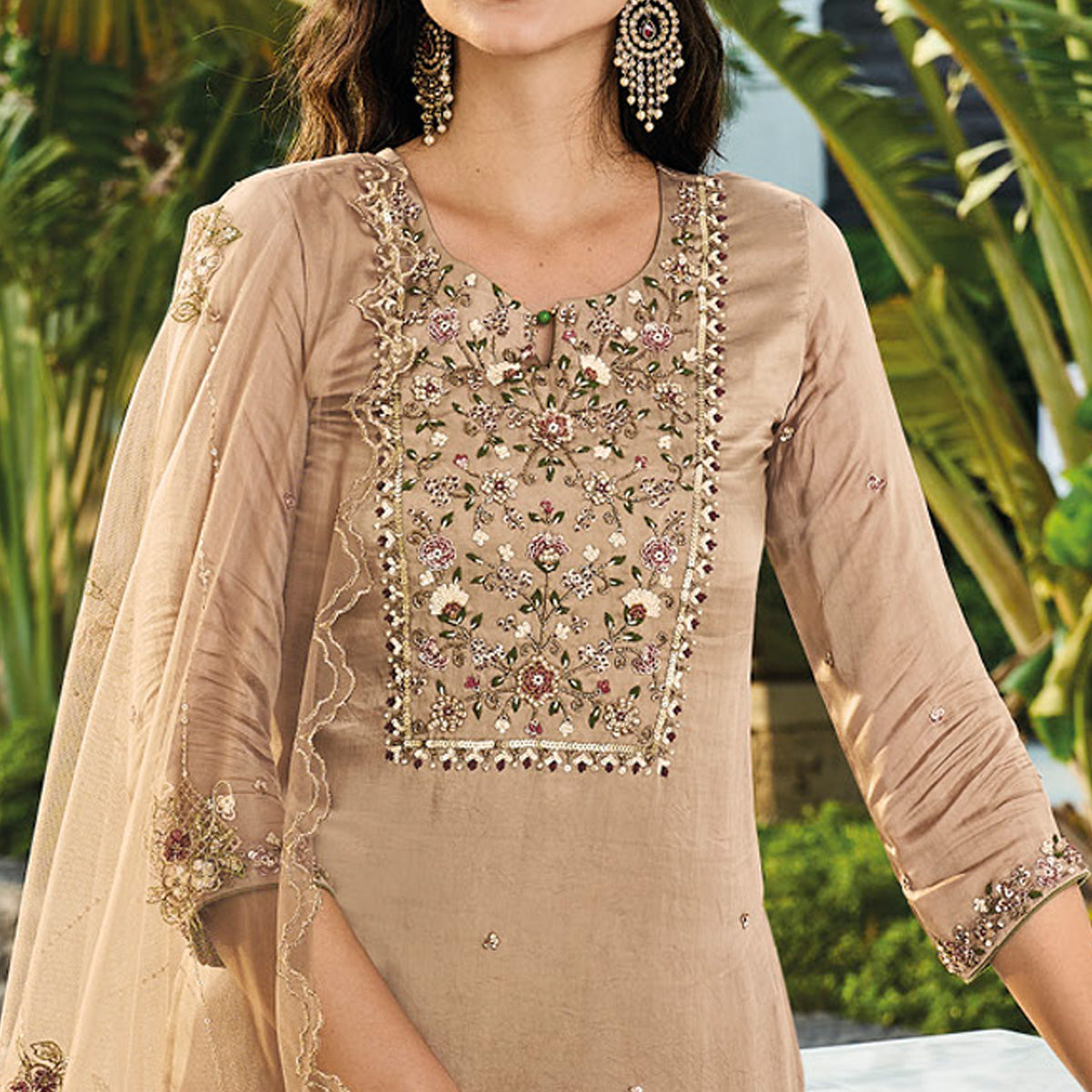 Peachmode Seller Chikoo Embroidered Chinon Sharara Suit - view 3