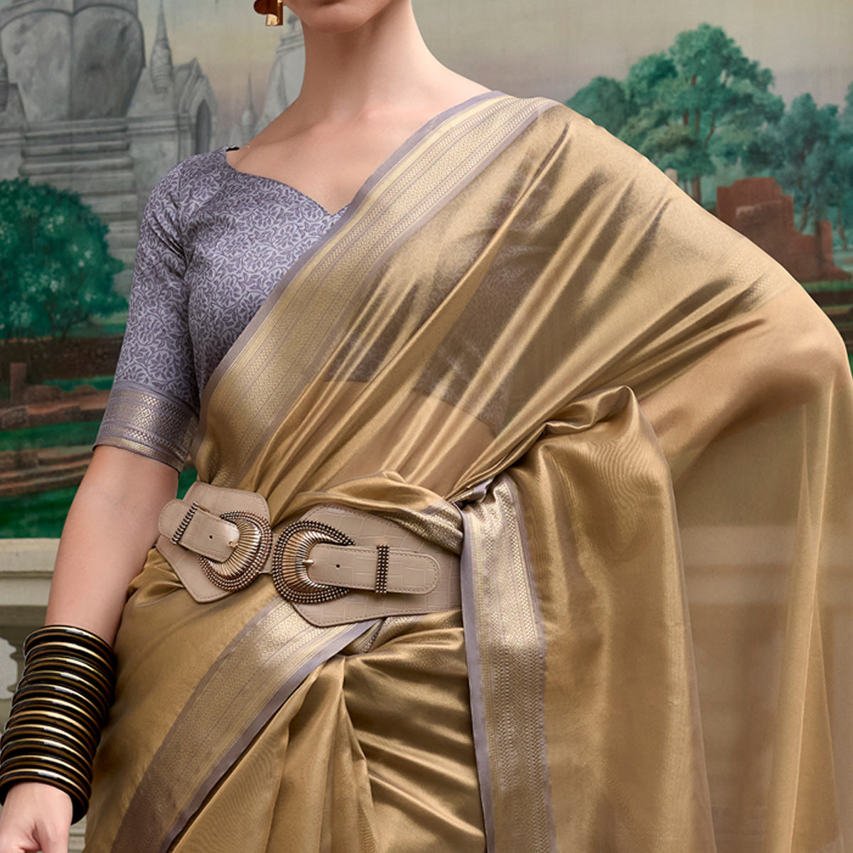 Peachmode Chikoo Woven Tissue Silk Saree With Tassels - view 2