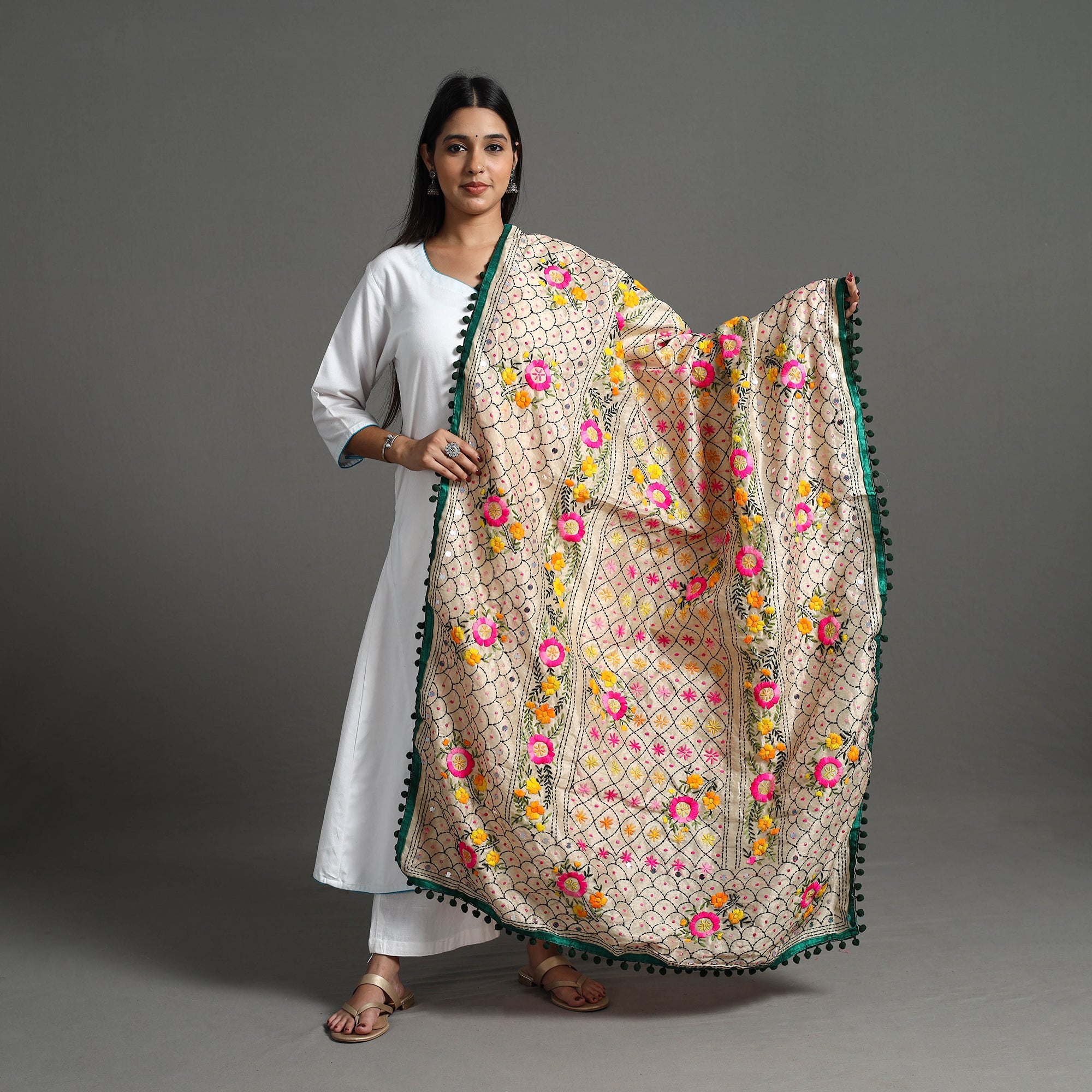 ITOKRI CRAFTS INITIATIVE Beige - Hand Embroidery Chanderi Silk Phulkari Dupatta 54