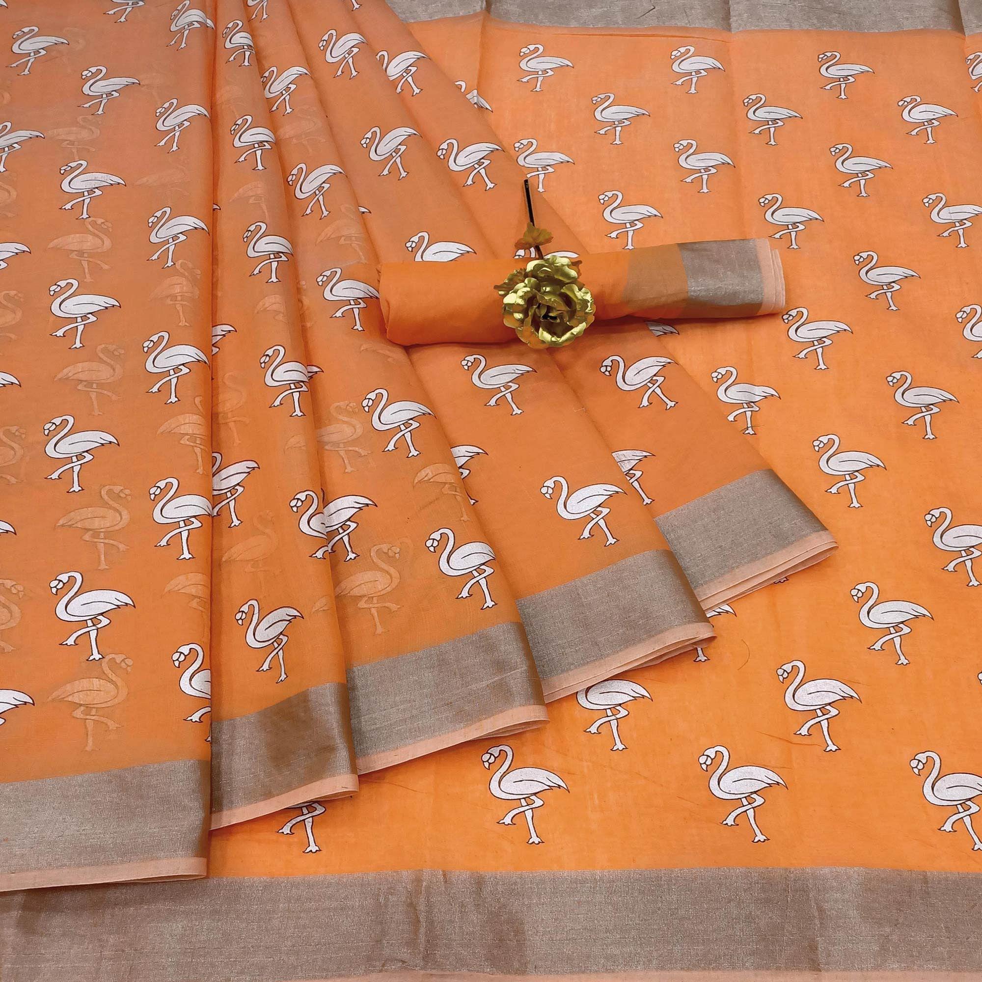 Peachmode Energetic Orange Colored Casual Wear Printed Cotton Linen Saree