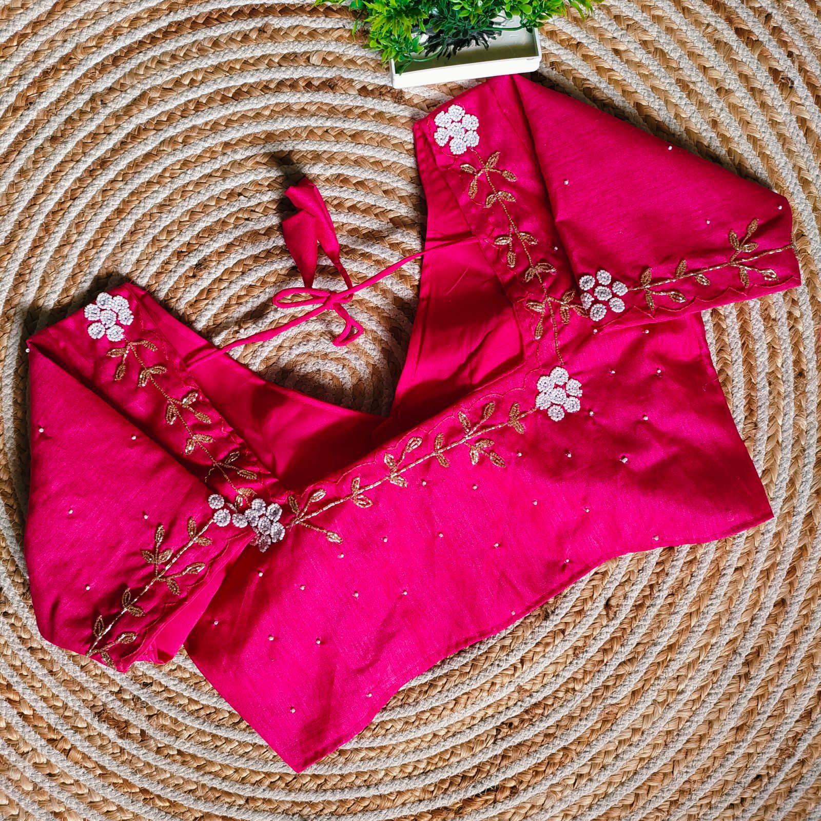 ClothsVilla Pink Festival Wear Blouse in Assami Silk with Handcrafted Golden and Pearl Work - view 2