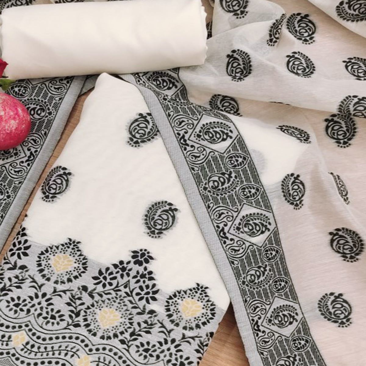 Peachmode Offwhite & Black Floral Woven Chanderi Dress Material - view 2