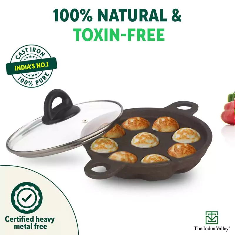 The Indus Valley 9 Pit/Cup CASTrong Cast Iron Paniyaram/Appe Pan+ Glass Lid, Pre-seasoned, Natural Nonstick, 100% Pure, Toxin-free, 21 cm, 2.7 kg - view 5