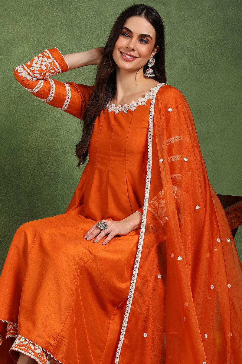 Ahika Orange Silk Blend Solid Embroidered Anarkali Suit Set PKSKD2760