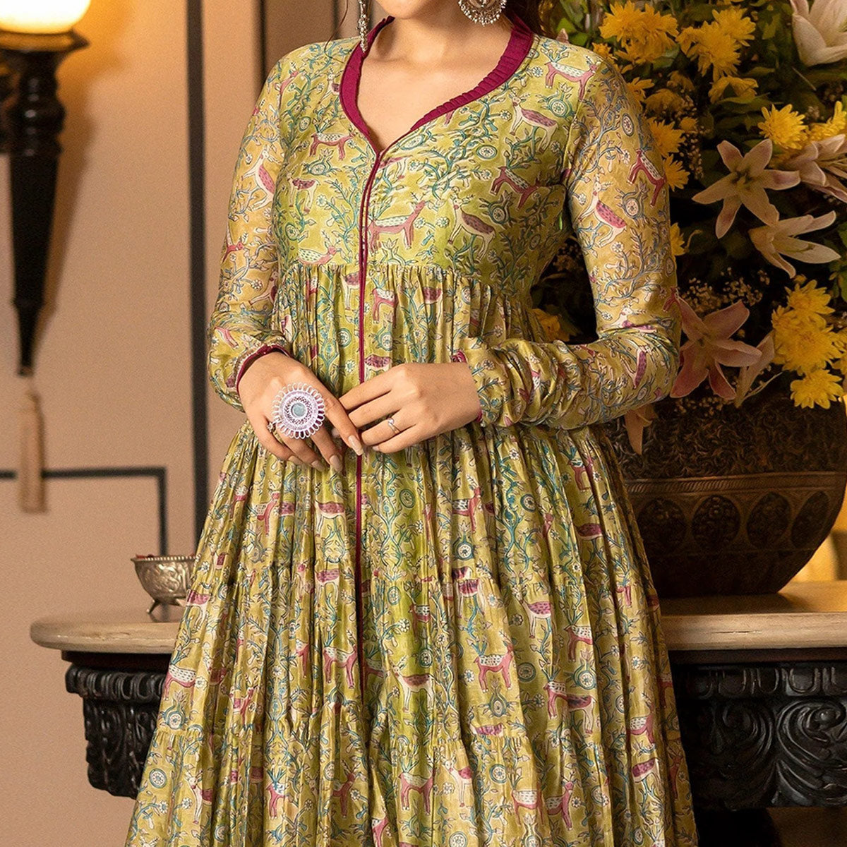 Peachmode Seller Mahendi Green Floral Digital Printed Chanderi Anarkali Style Suit - view 3