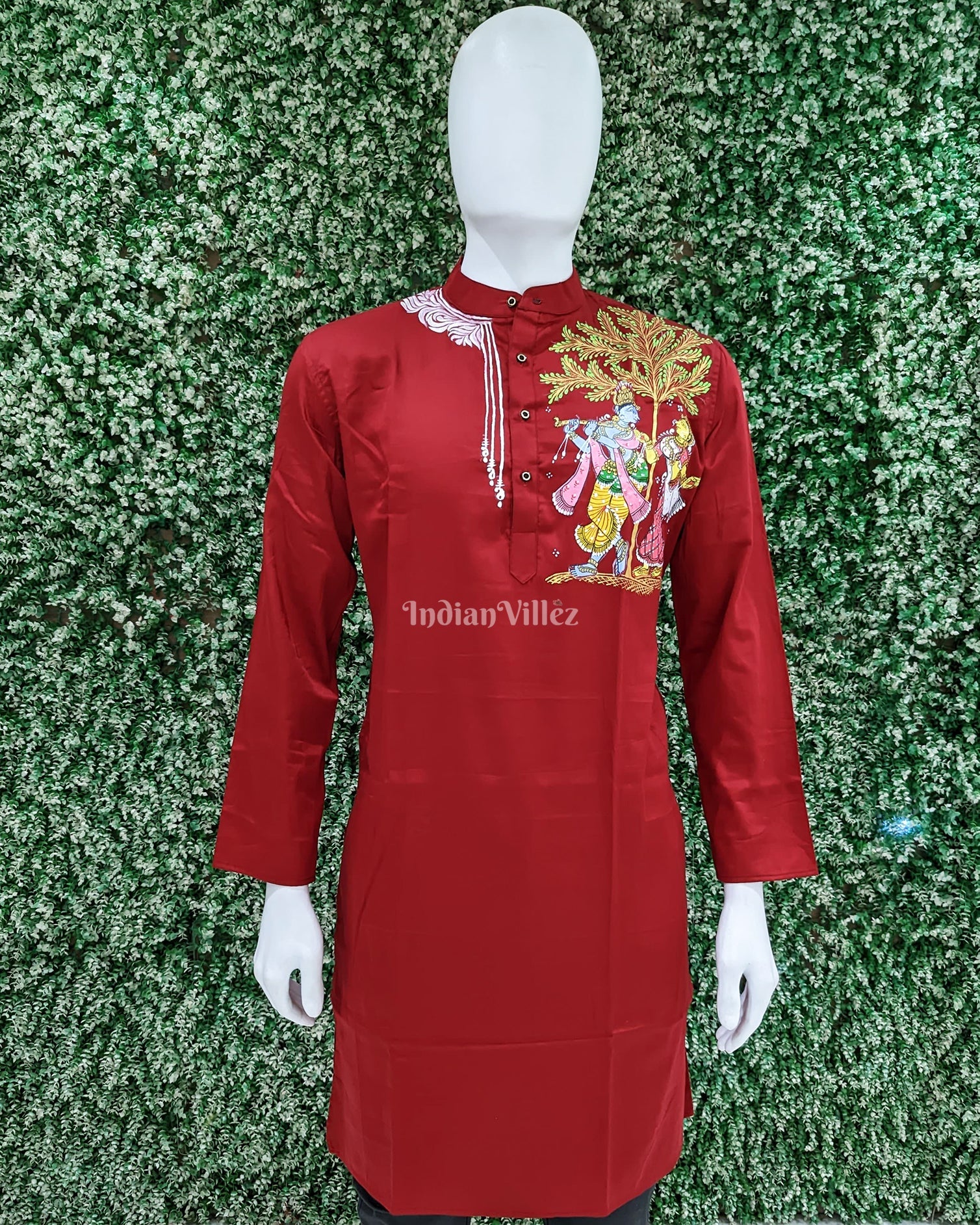 IndianVillèz Maroon Radha Krishan Hand-Painted Pattachitra Kurta