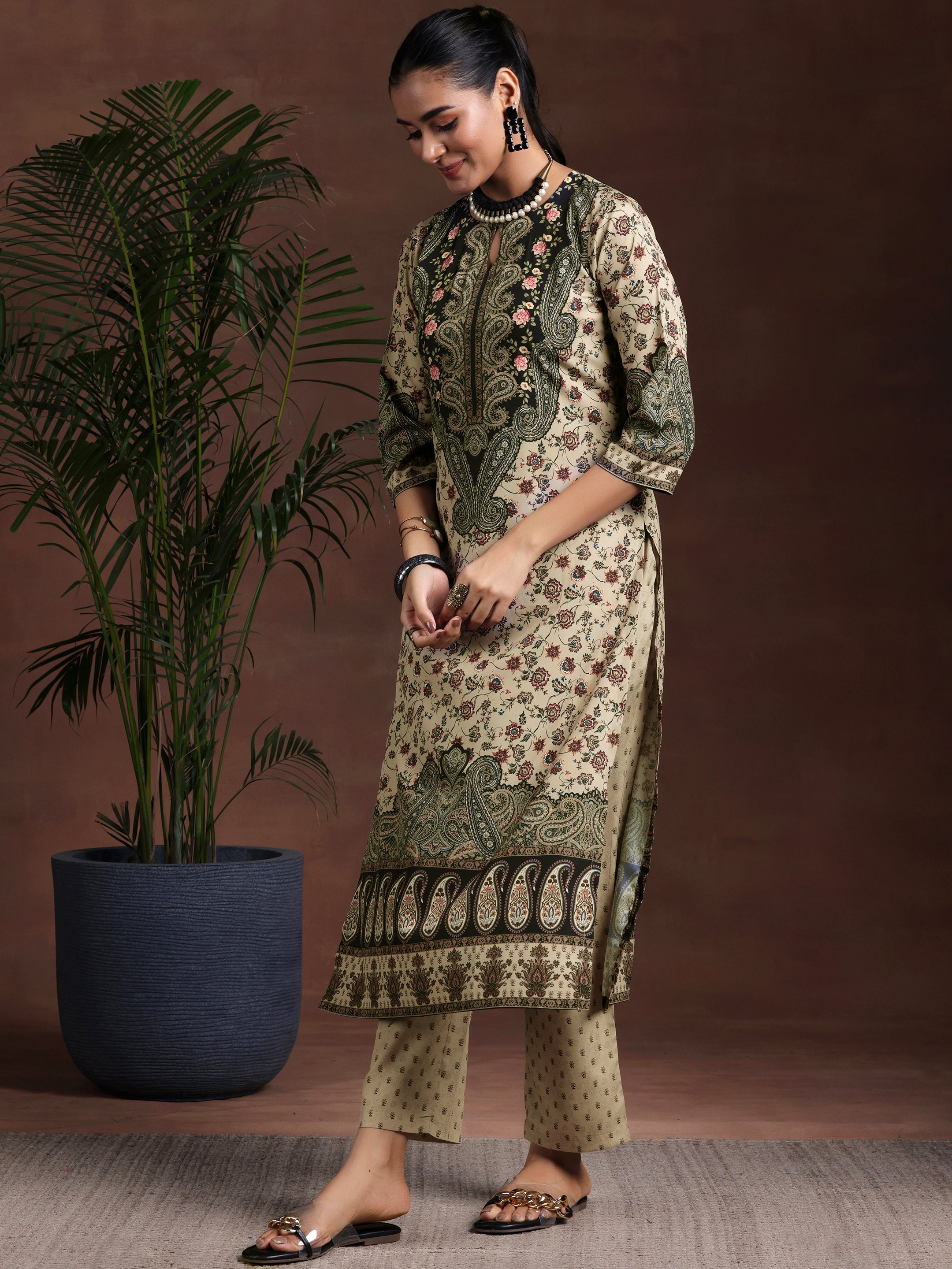 Libas Beige Printed Poly Crepe Straight Suit With Dupatta - view 2