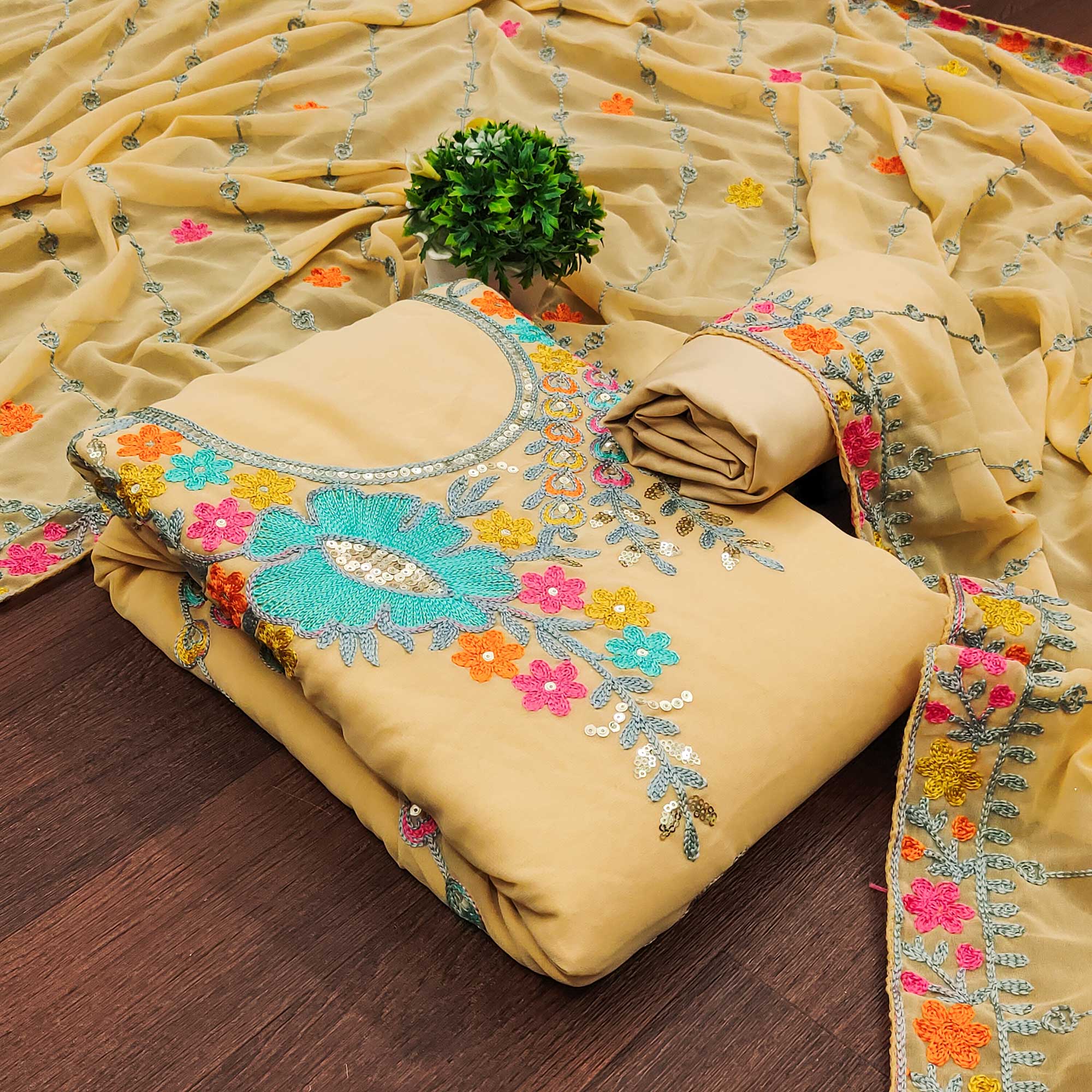 Peachmode Chikoo Floral Sequins Embroidered Georgette Dress Material