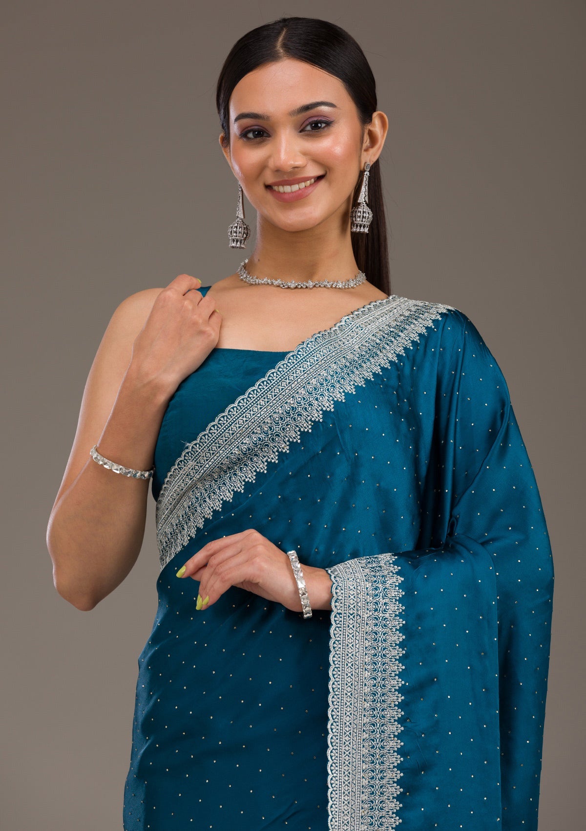 Koskii Peacock Blue Stonework Satin Saree – Women's - view 6