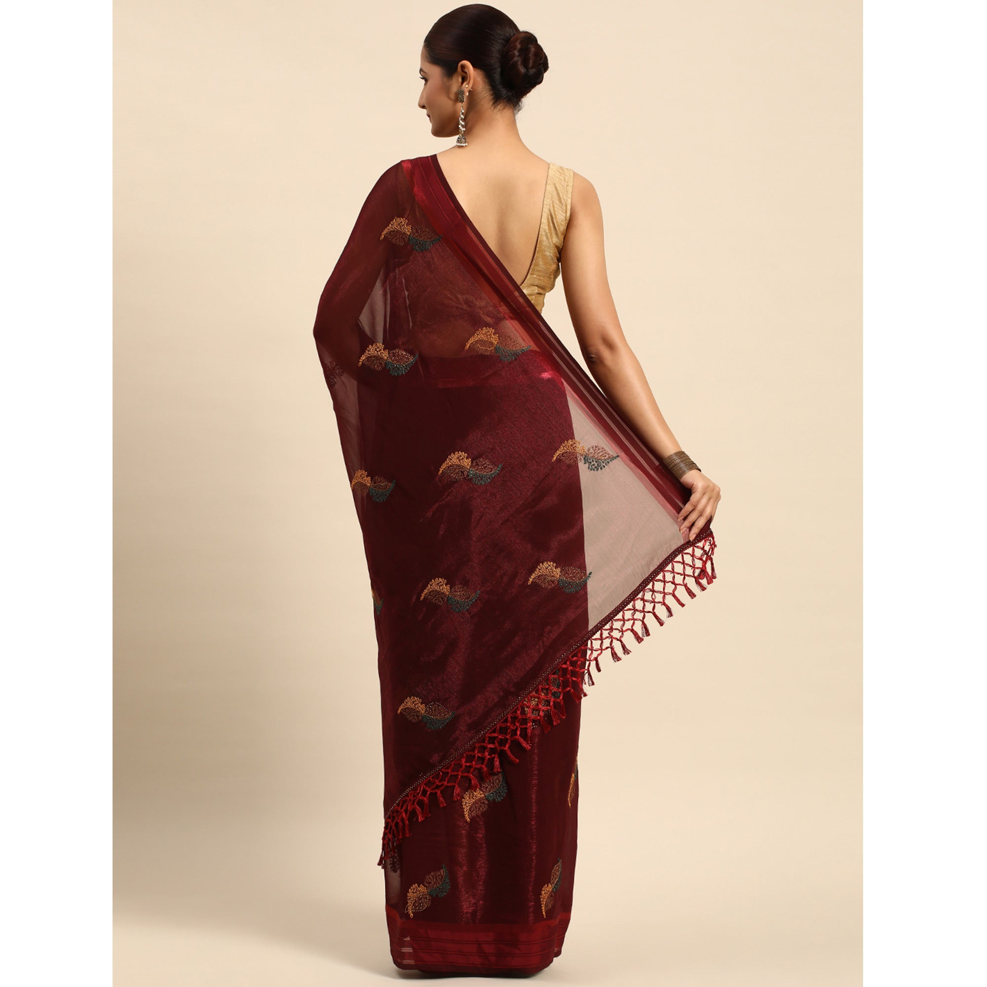 Peachmode Maroon Swarovski With Embroidery Work Chiffon Saree - view 4