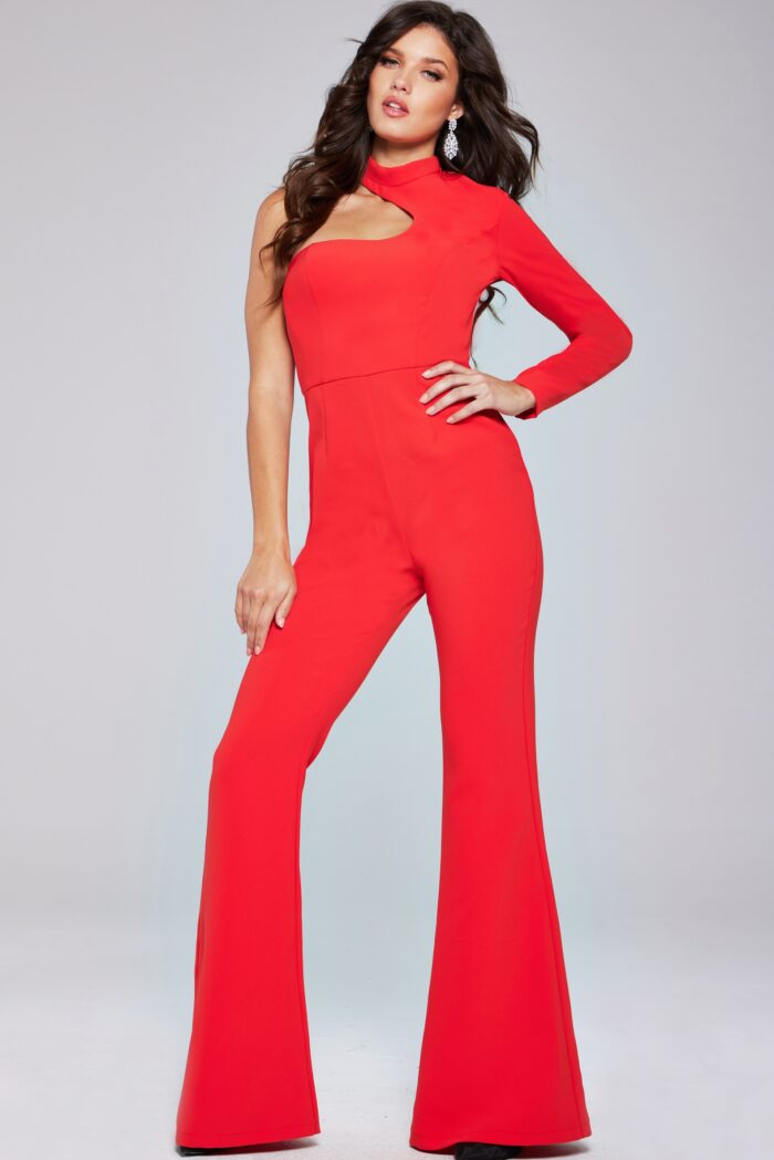 Jovani 41052 Long Fit Formal Jumpsuit – Orangy-Red