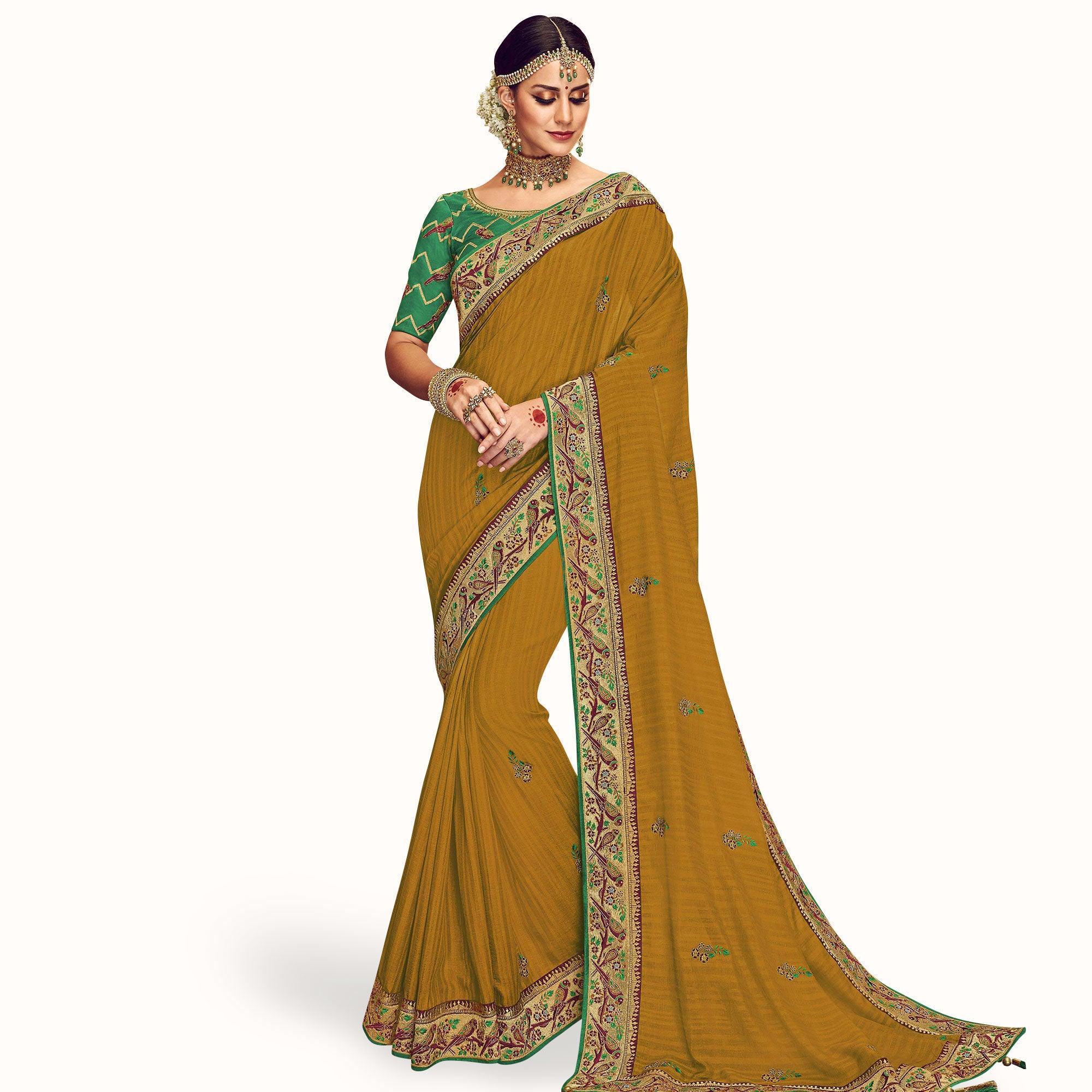 Peachmode Ideal Mustard Yellow Colored Partywear Embroidered Georgette Saree
