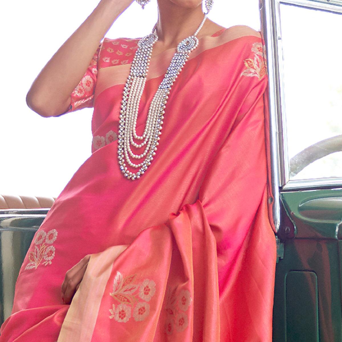Peachmode Jazzy Red Colored Zari Work Festive Wear Banarasi Silk Saree - view 2