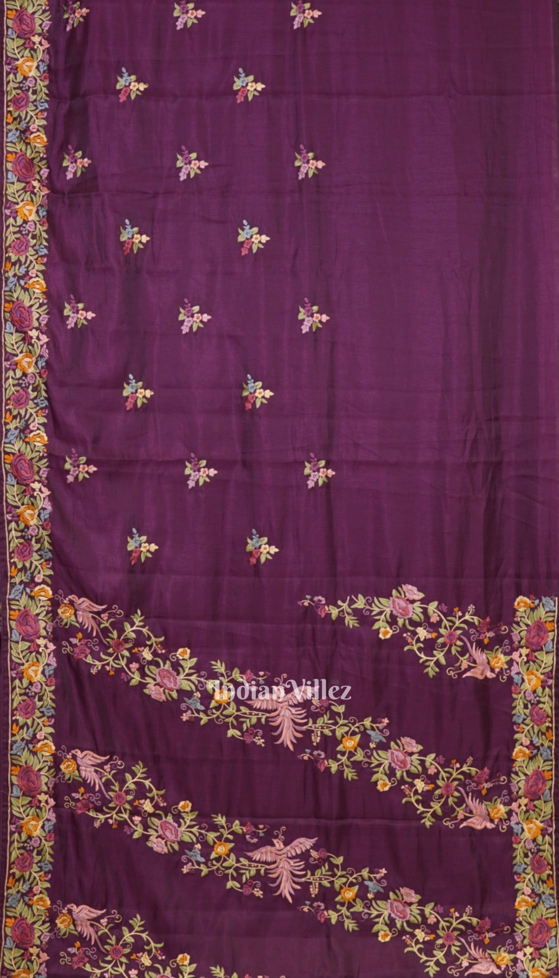 IndianVillèz Maroon Parsi Gara Floral Motif Hand Embroidered Saree - view 3