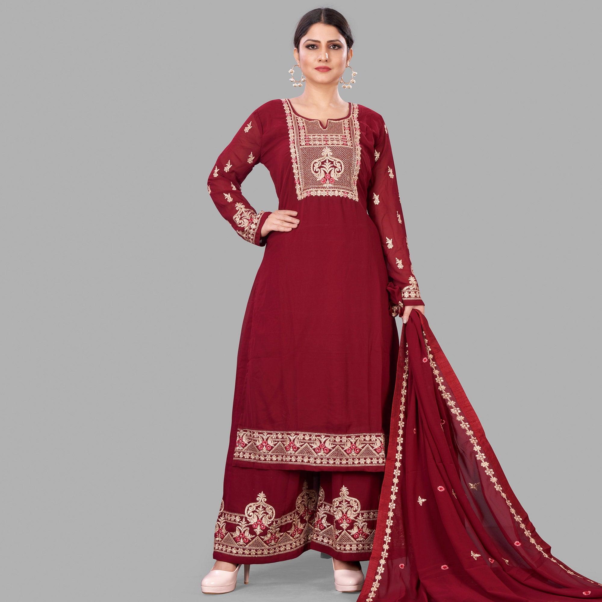 Peachmode Seller Maroon Semi Party Wear Embroidered Heavy Georgette Palazzo Suit