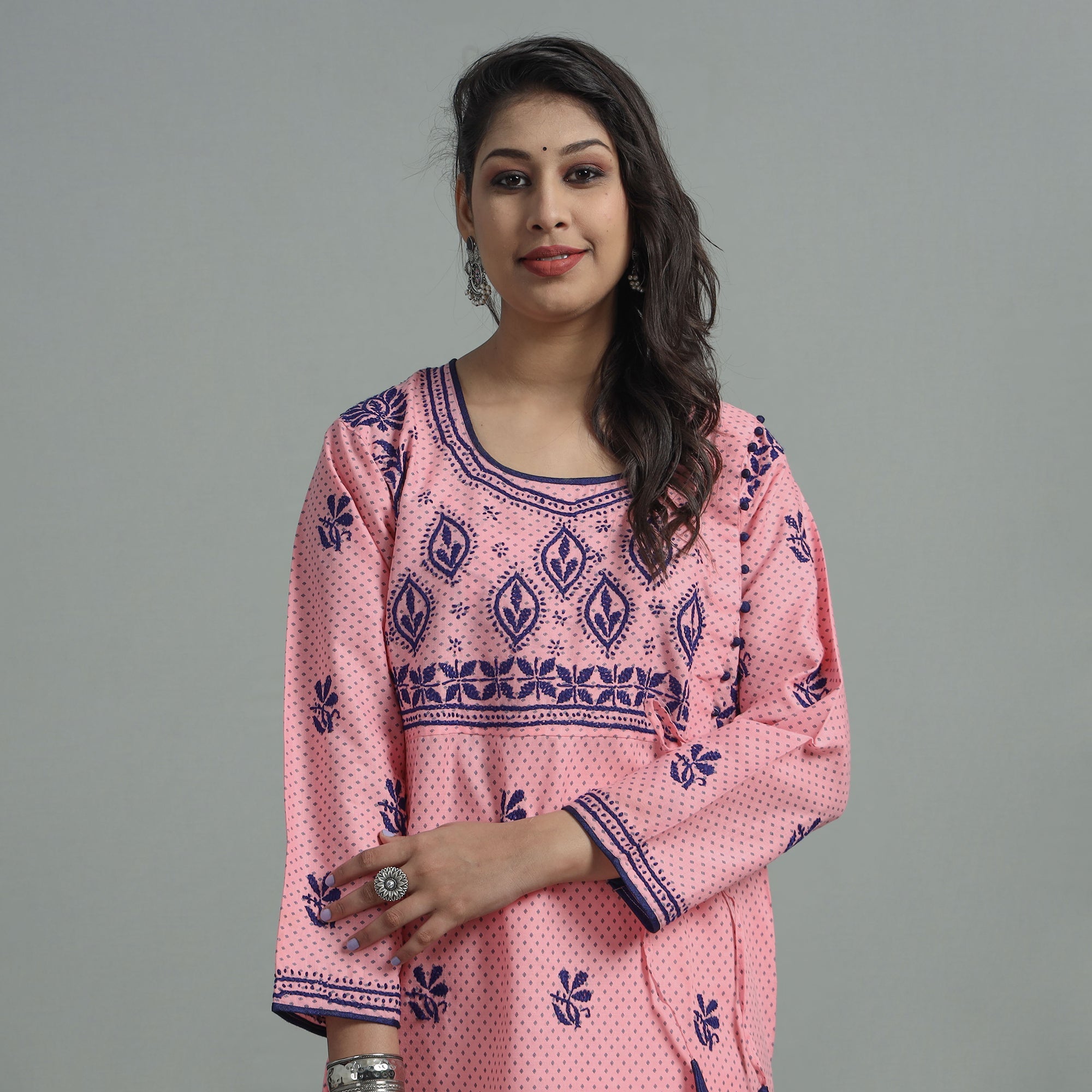 MEHARKI CHIKAN Baby Pink Chikankari Hand Embroidered Cotton Long Kurta