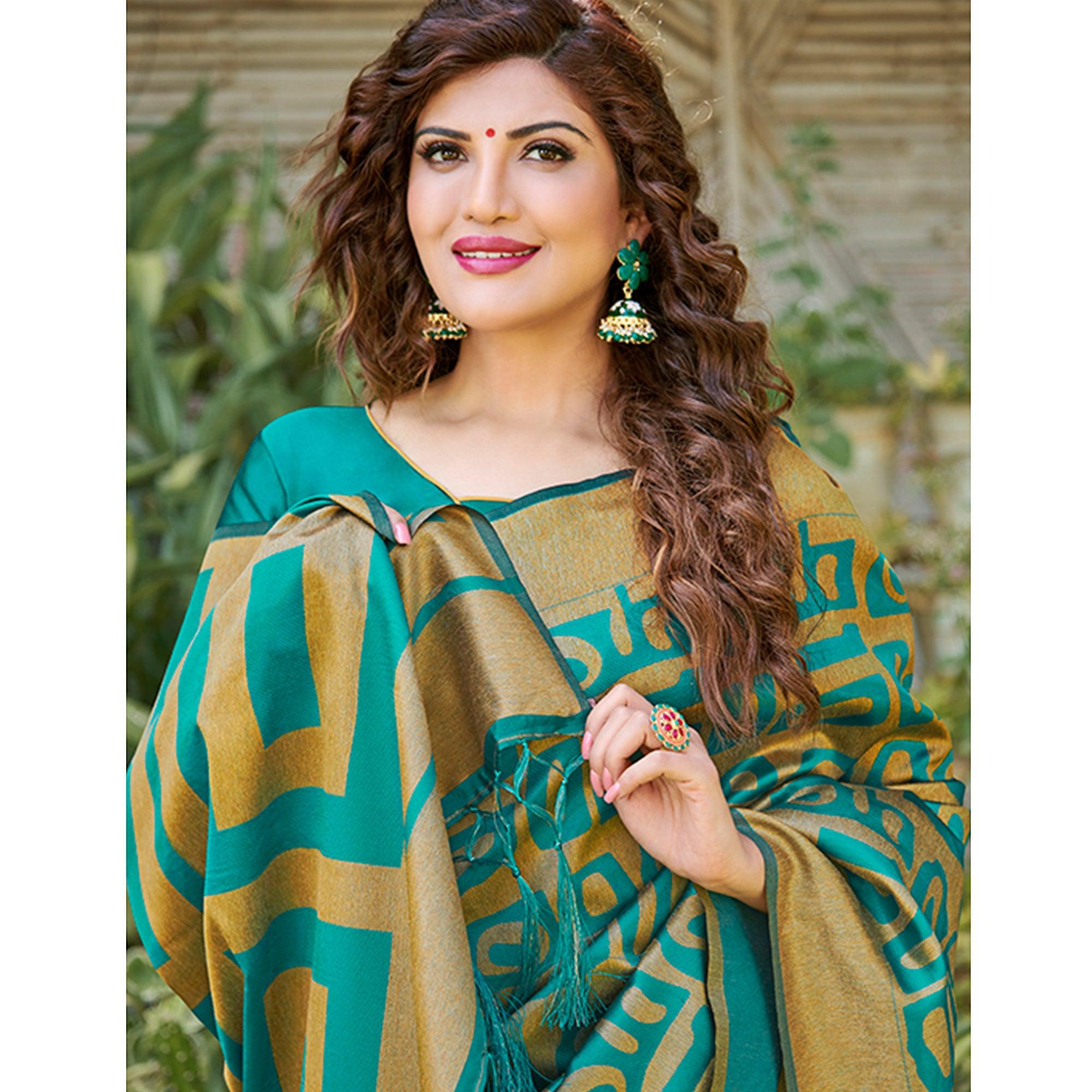 Peachmode Impressive Teal Blue Colored Festive Wear Floral Woven Silk Blend Saree With Tassels - view 2