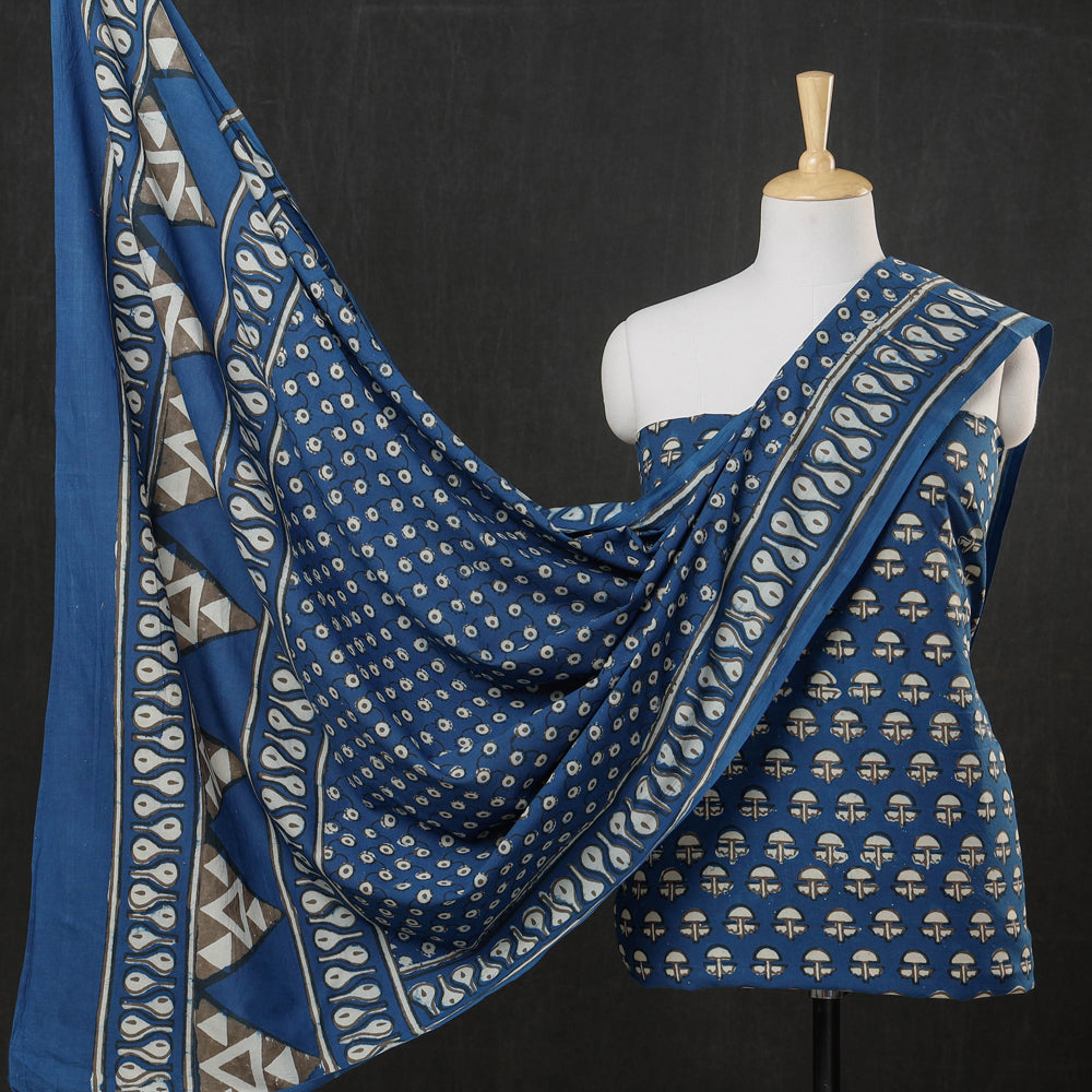 HAVELI CHRONICLES Blue - 3pc Cotton Block Printed Pipad Dress Material Set