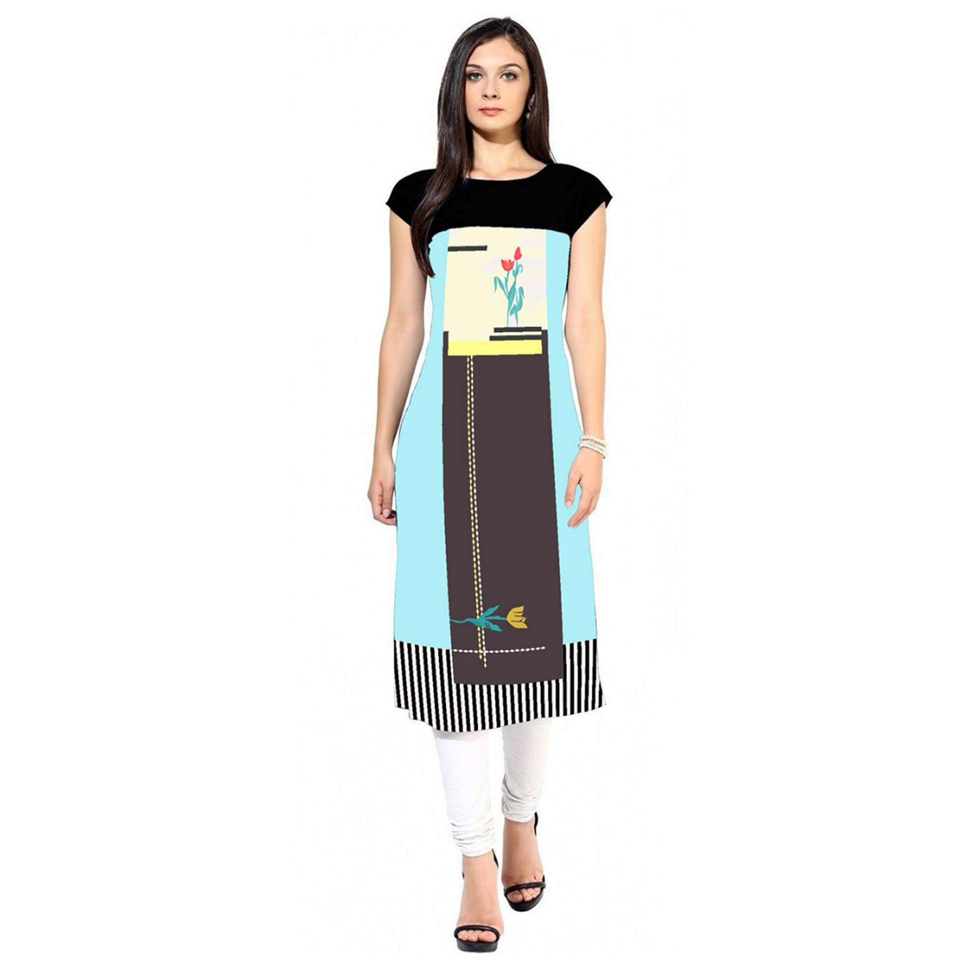 Peachmode Seller Demanding Sky Blue-Multi Colored Casual Printed Crepe Kurti