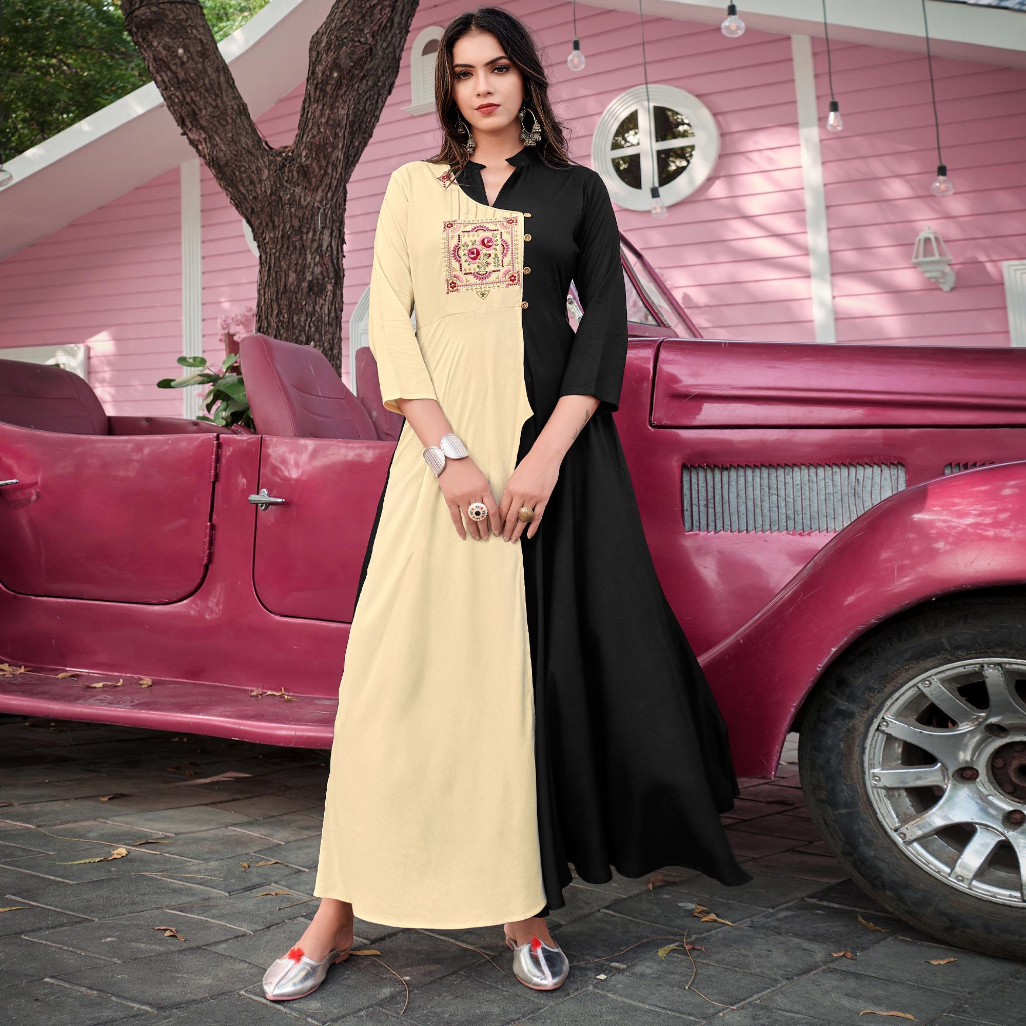 Peachmode Seller Cream-Black Floral Embroidered Rayon Gown
