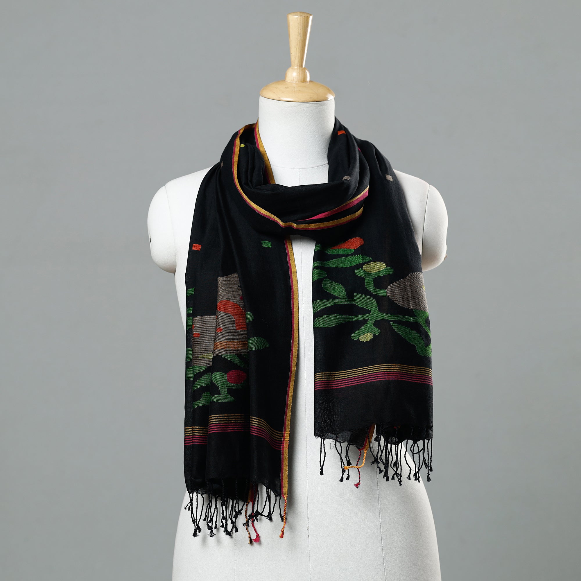 ALANKRITA Black - Jamdani Handloom Cotton Stole with Tassels