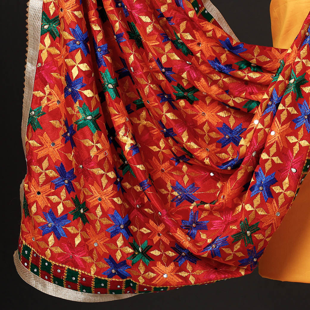 ITOKRI CRAFTS INITIATIVE Yellow - 3pc Phulkari Embroidery Glazed Cotton Suit Material Set with Chinon Dupatta 09 - view 4