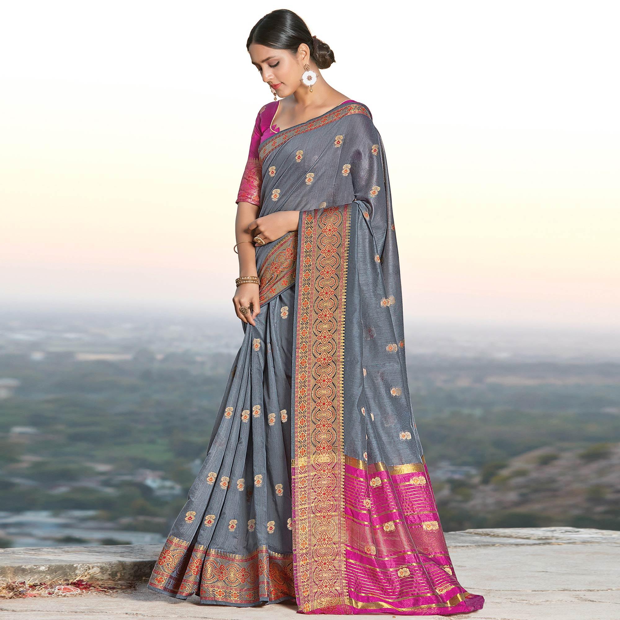 Peachmode Exclusive Grey Colored Festive Wear Woven Cotton Handloom Saree