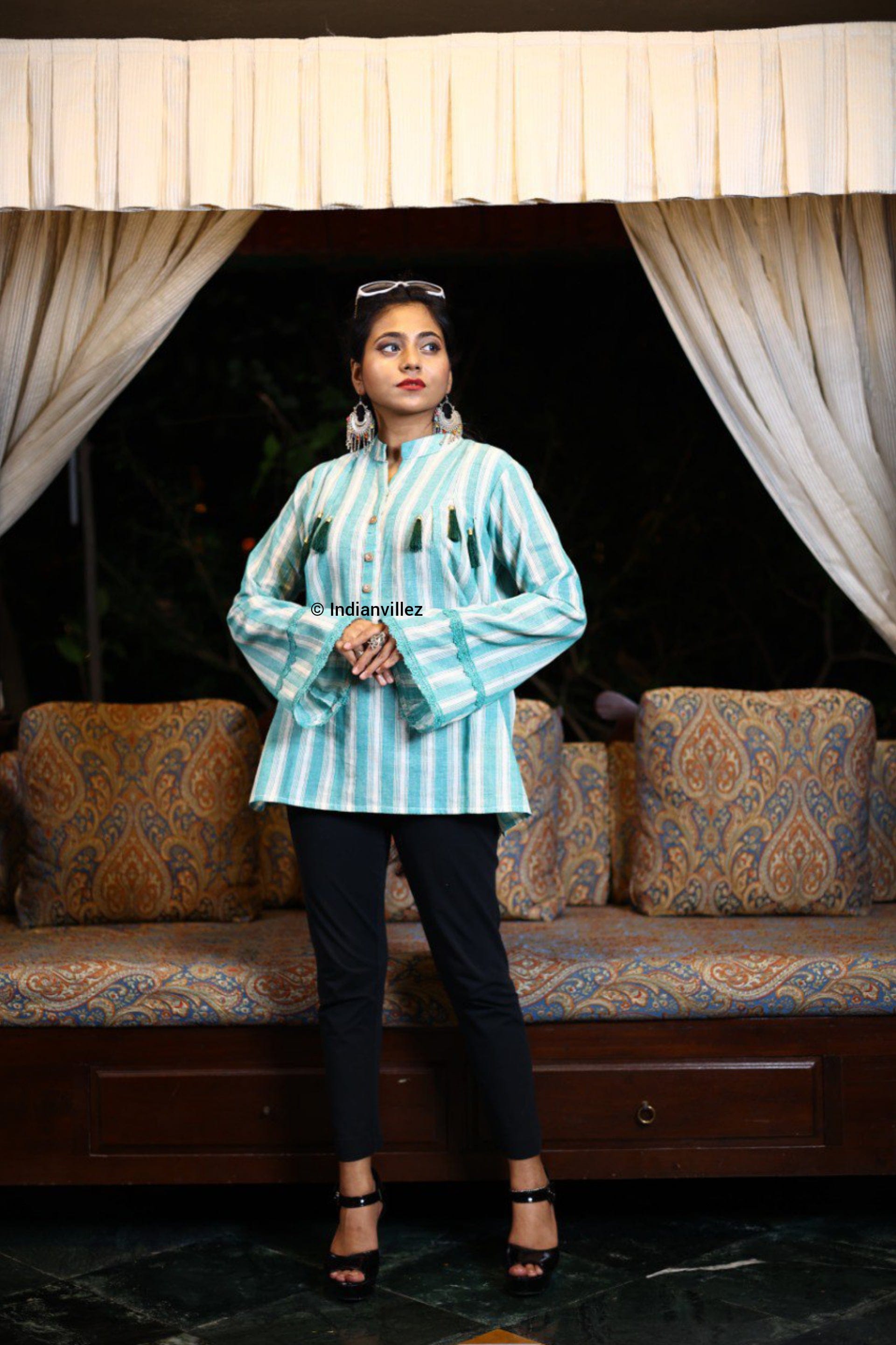 IndianVillèz Green & White Stripes Kotpad Organic Cotton Short Kurti - view 2