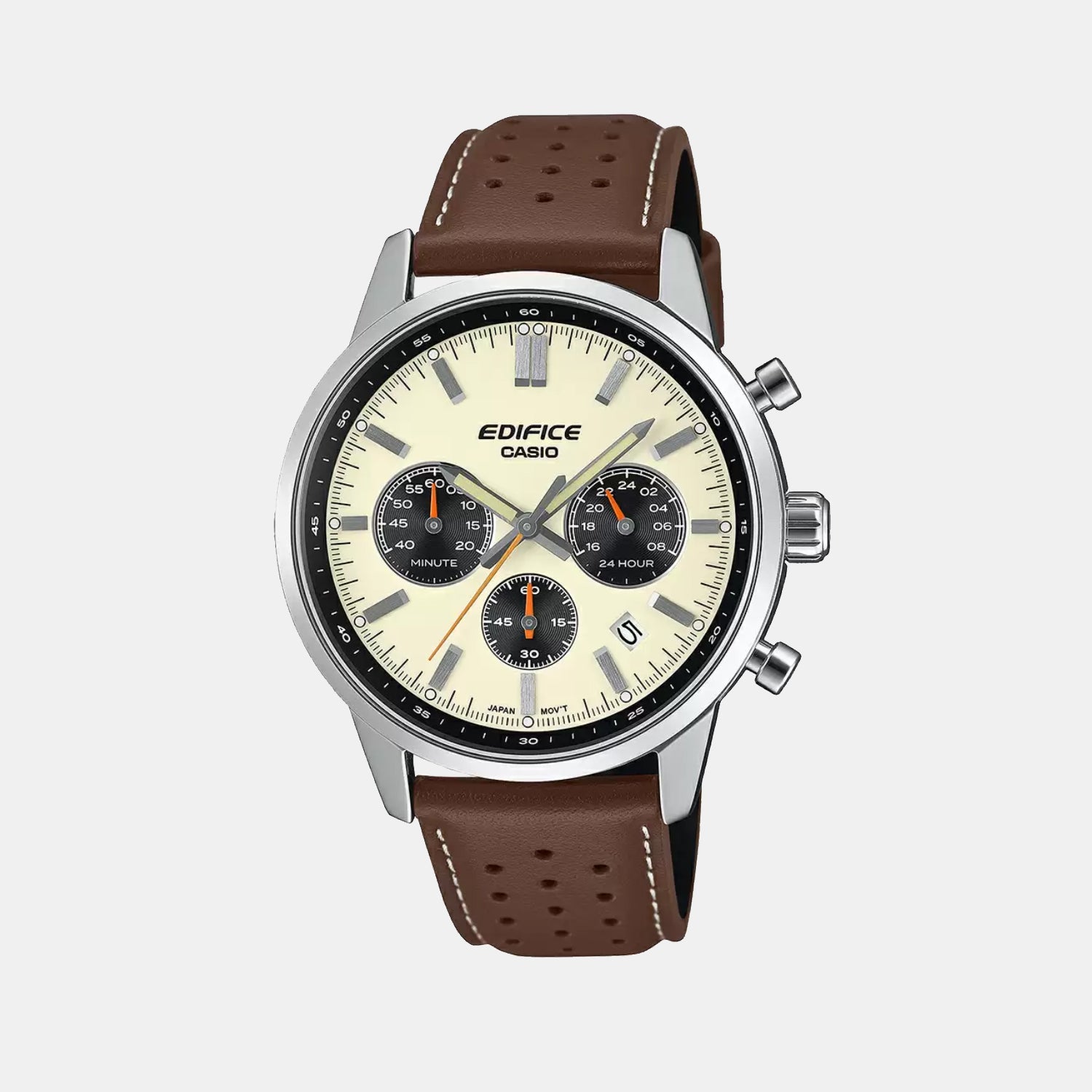 Casio Edifice Men Quartz Cream & Black Dial Multi-Function Leather Watch ED657