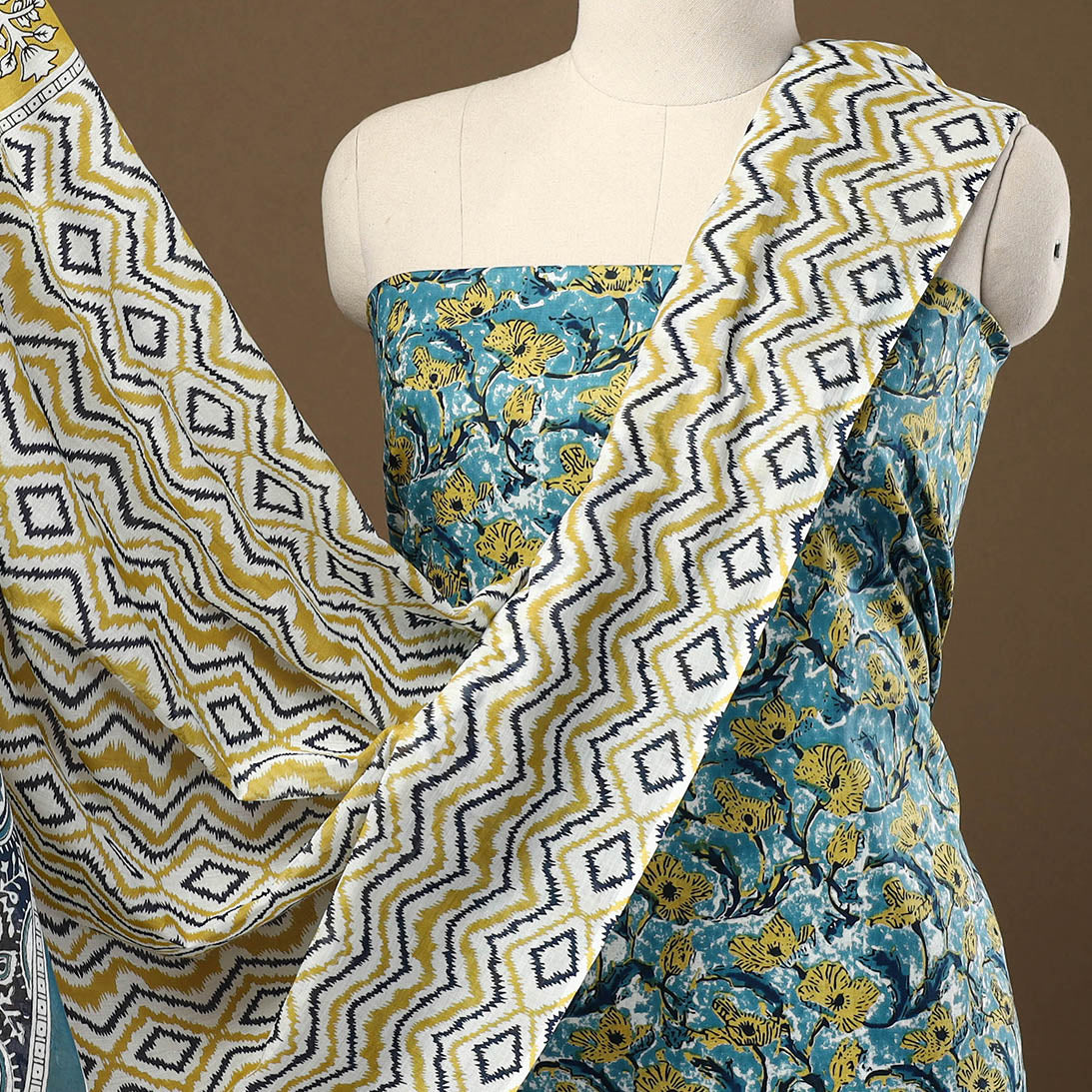 ARTISAN HAND BLOCK PRINTS Blue - 3pc Sanganeri Block Print Cotton Dress Material 21 - view 3