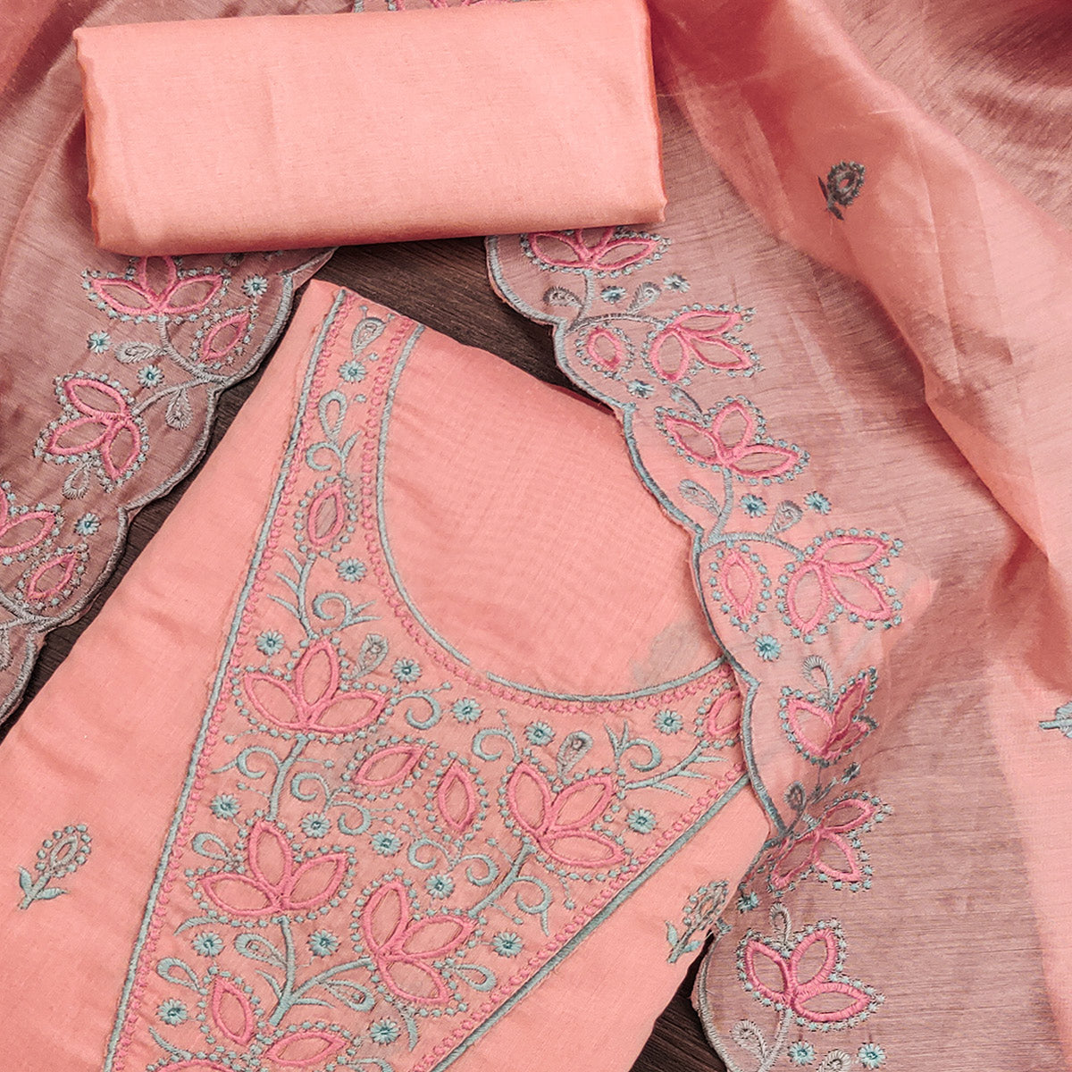 Peachmode Dark Peach Floral Embroidered Chanderi Dress Material - view 2