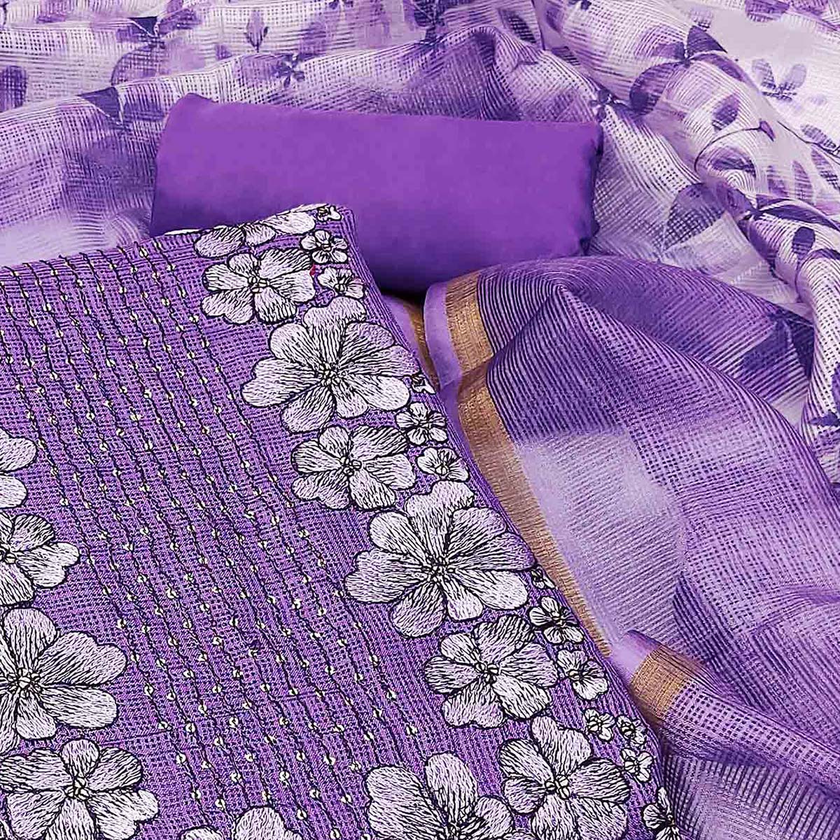 Peachmode Lavender Floral Embroidered Kota Doria Dress Material - view 2