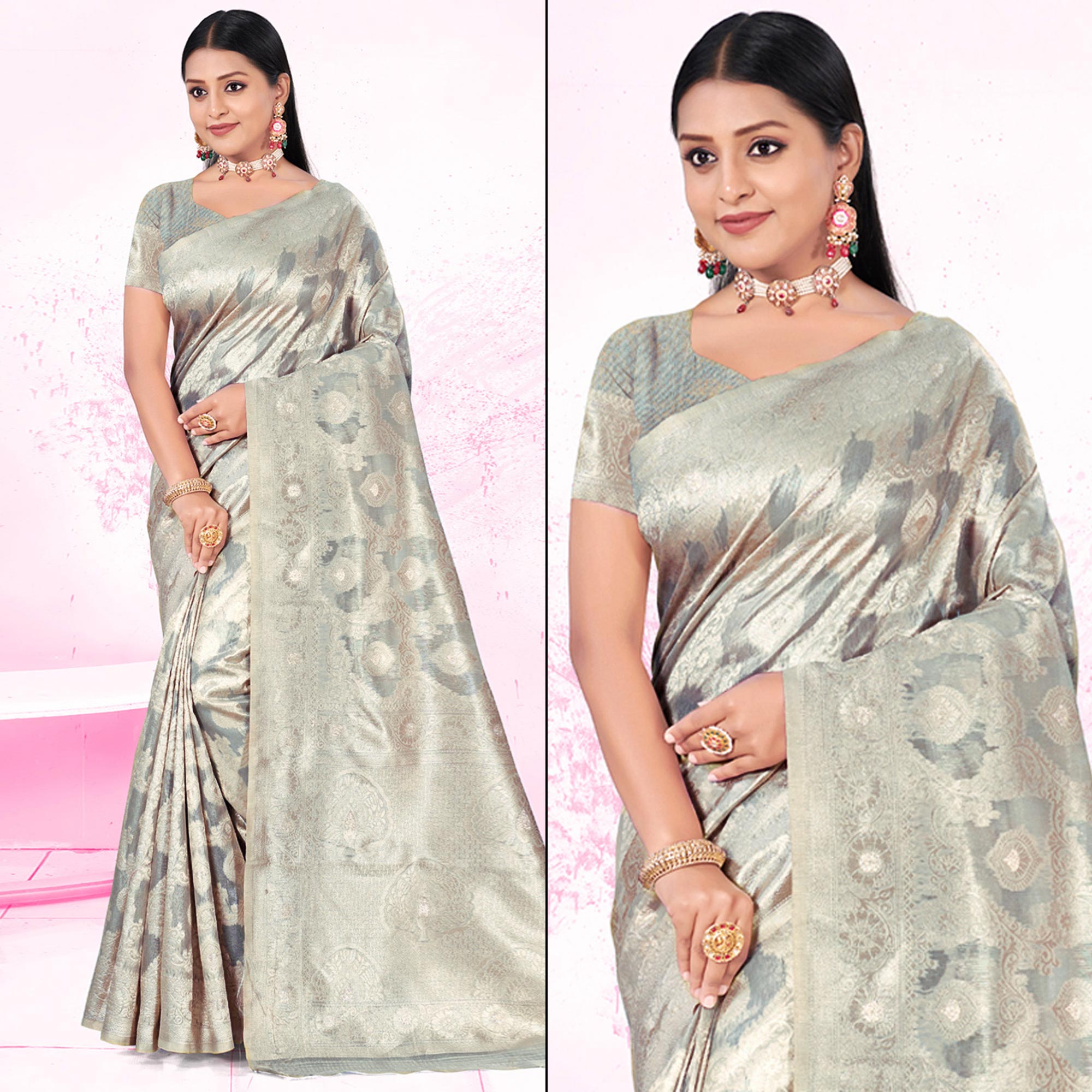 Peachmode Grey Woven Cotton Blend Saree – Women's