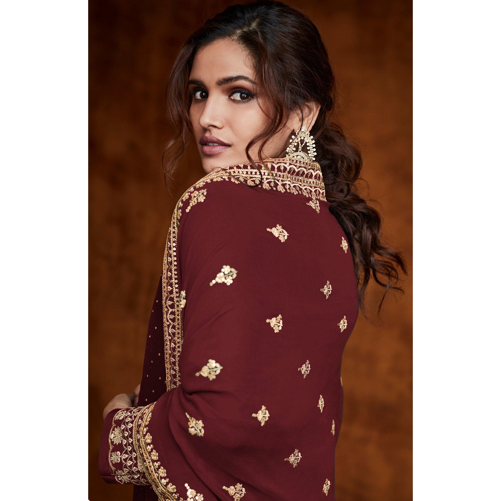 Peachmode Maroon Partywear Sequins Embroidered Real Georgette Palazzo Suit - view 3