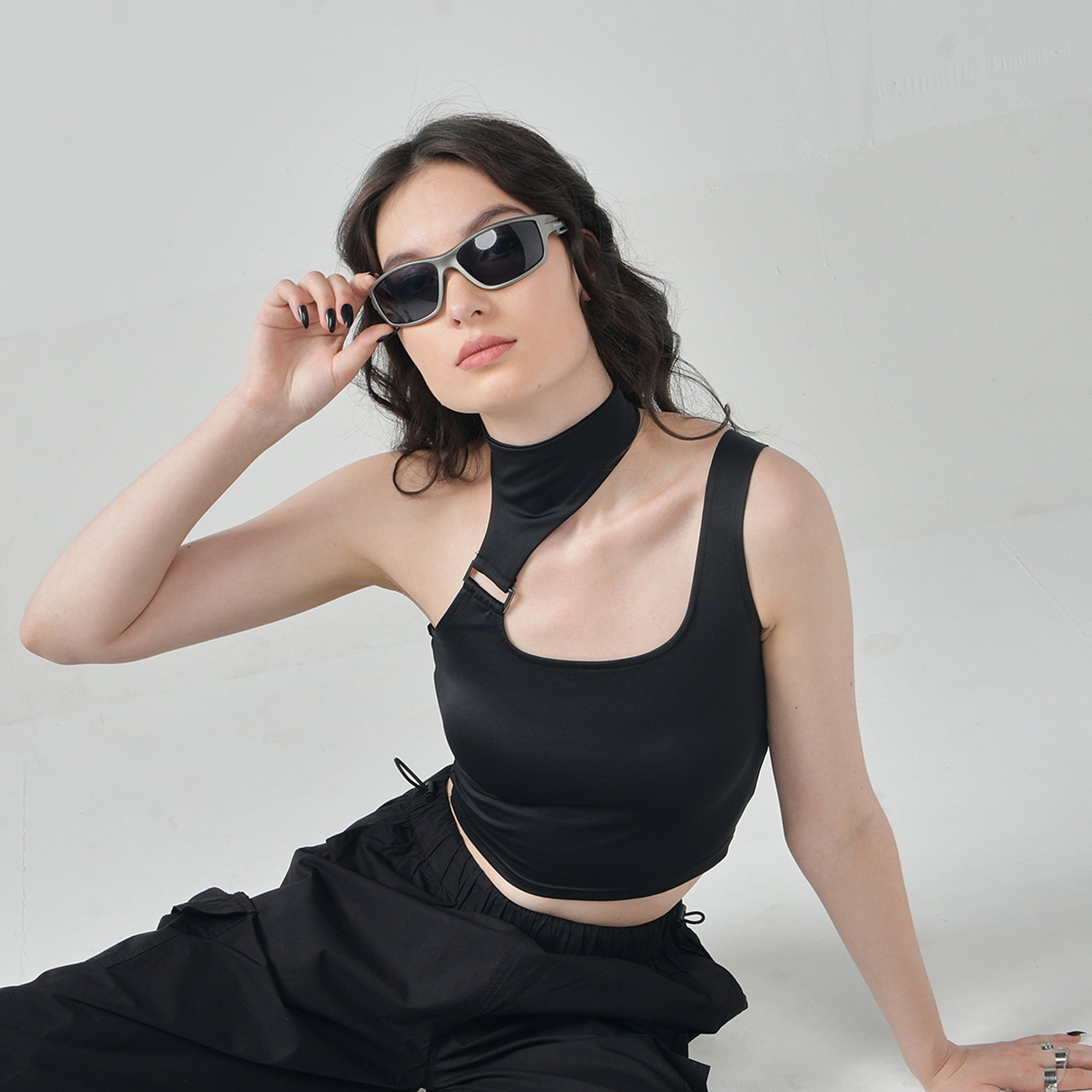I Z F One-Shoulder Buckle Crop Top – Black - view 3
