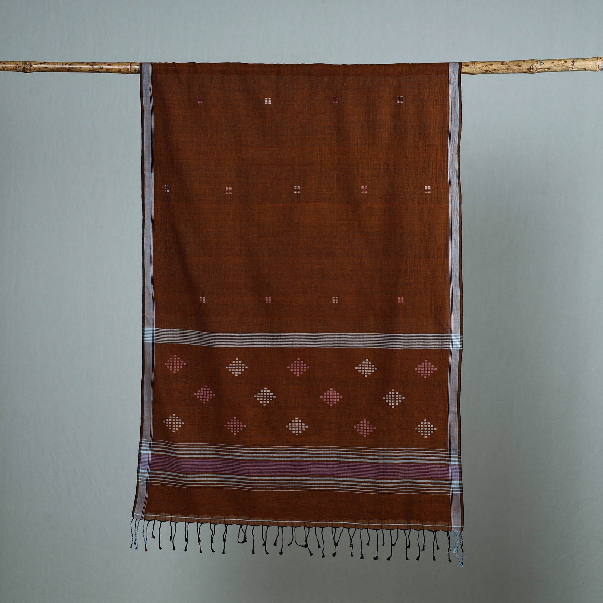 KHUSHBASH - HAPPY LOOM OF EAST Brown - Burdwan Jamdani Cotton Handloom Stole with Tassels 47 - view 2